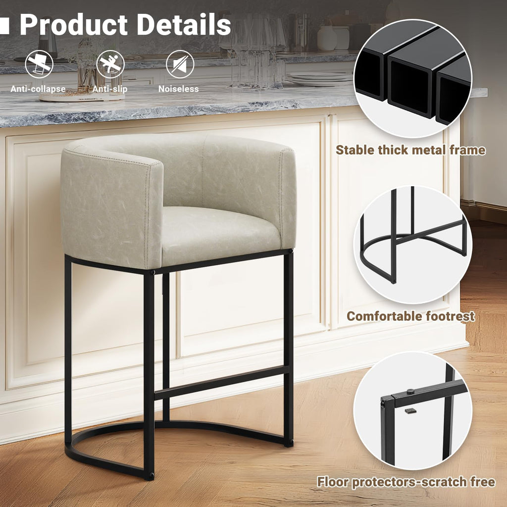 26" H Counter Height Bar Stools Set of 3, Modern Barrel Counter Stools with Backrest and Arms, Faux Leather Upholstered Accent Barstools for Kitchen Island,Support 450 LBS (Grayish White)