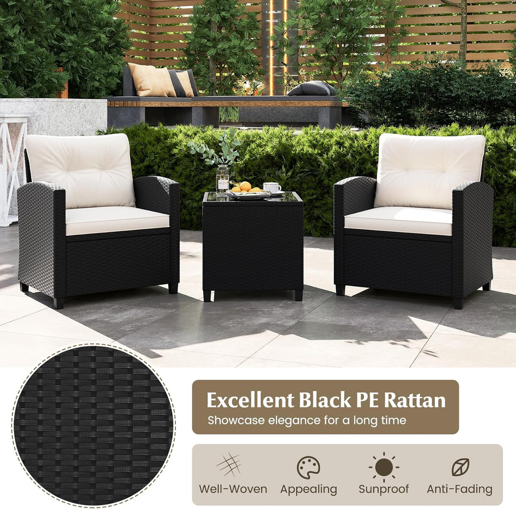 Tangkula 3 Piece Patio Furniture Set  Rattan Conversation Set w/Soft Seat & Back Cushions  Tempered Glass Topped Coffee Table  Cushioned Wicker Seating Set for Backyard  Porch  Poolside (Off White)