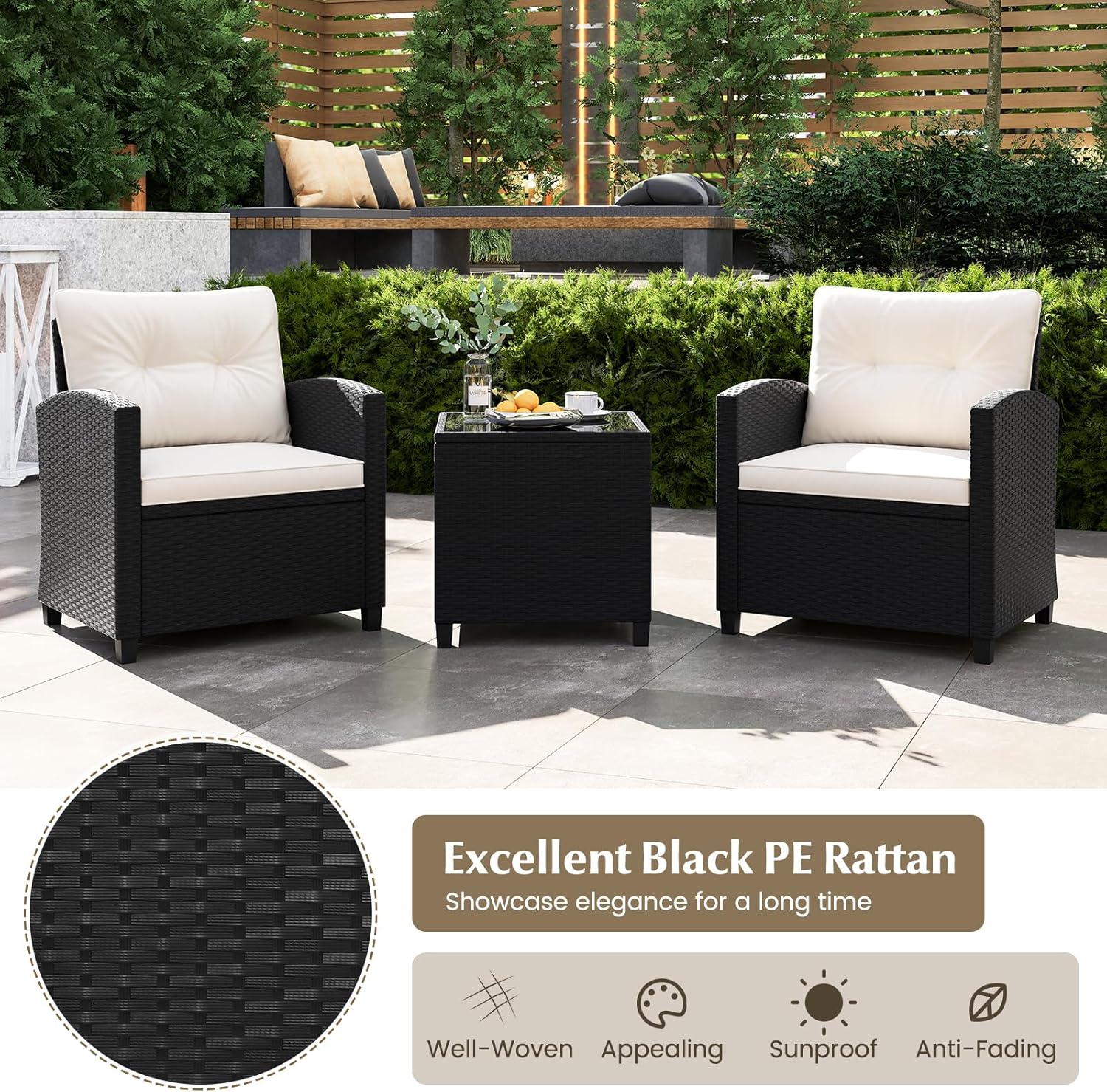 Tangkula 3 Piece Patio Furniture Set  Rattan Conversation Set w/Soft Seat & Back Cushions  Tempered Glass Topped Coffee Table  Cushioned Wicker Seating Set for Backyard  Porch  Poolside (Off White)