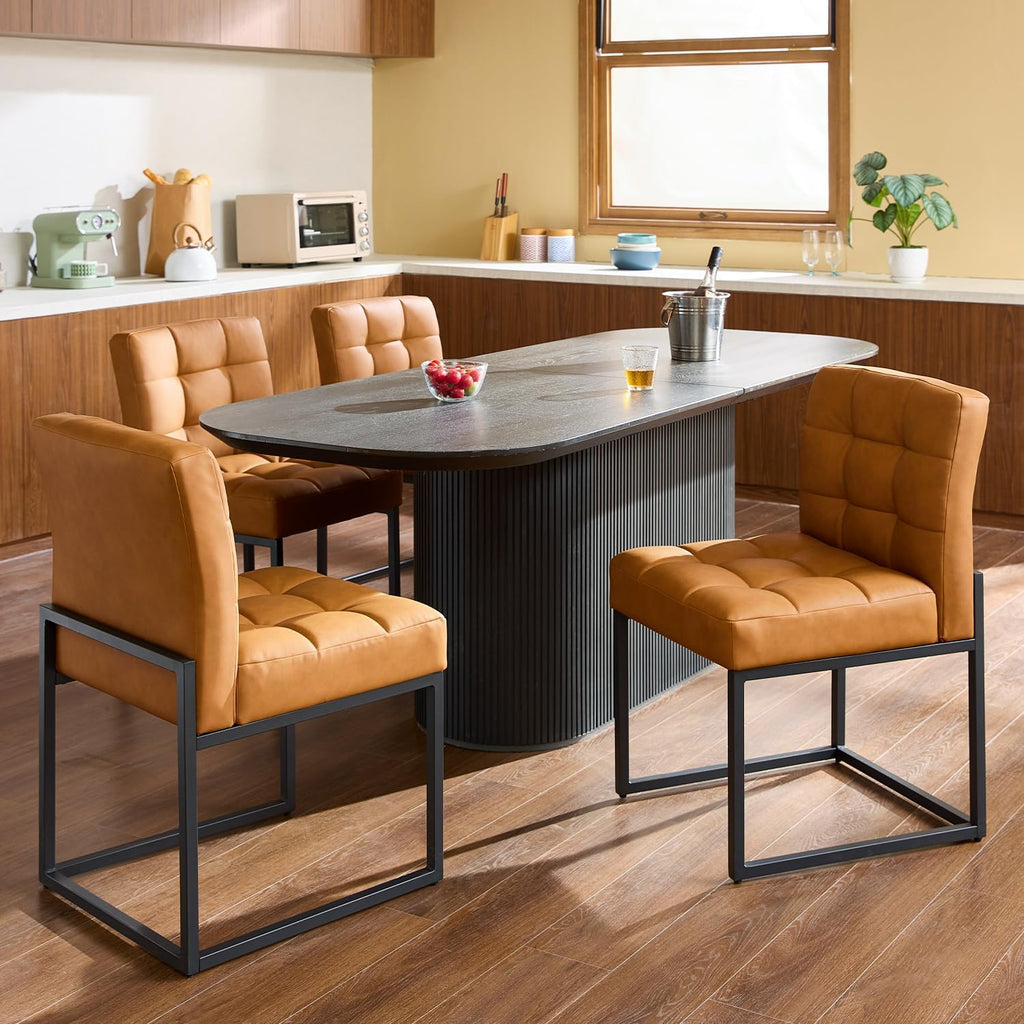 Brown Faux Leather Dining Chairs Set of 2, Mid-Century Modern Dining Room Chairs with Armless, Checkered Kitchen Chair with Metal Legs