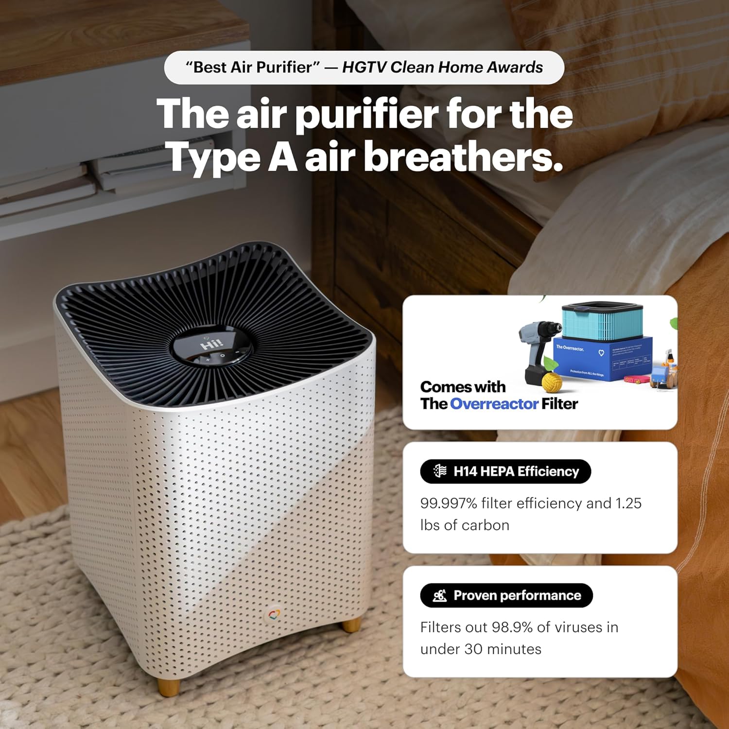 Mila Air 3 Smart Home Air Purifier with Overreactor H14 HEPA Replacement Filter  Removes Formaldehyde  VOCs  Dust & Odors  Ideal for Large Room or Bedroom  Quiet-Mode