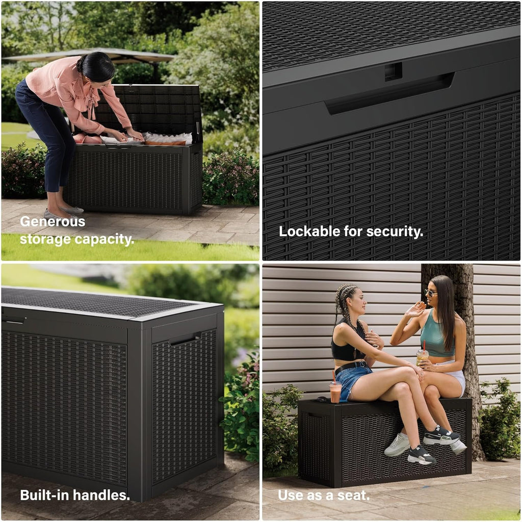 Outdoor Storage Box Waterproof  320 Gallon Large Lockable Deck Box  Patio Storage Bin Bench for Pool Accessories Cushion Furniture  Garden Tools  UV-Resistant Outside Delivery Black