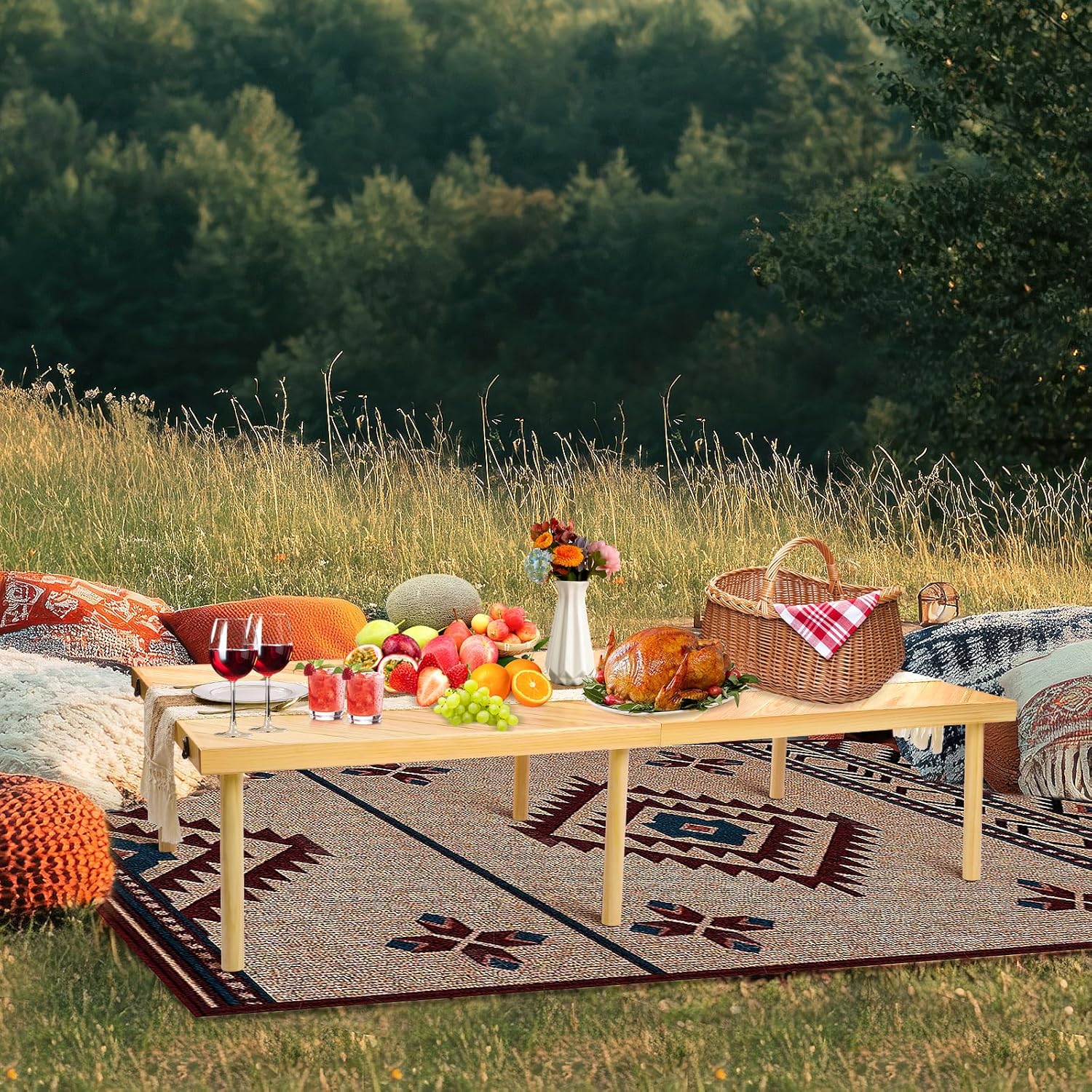 Folding Picnic Table with Table Runner  Portable Boho Low Picnic Table for Indoor Outdoor  60" x 30" Wooden Table with Adjustable Heights for Camping  Wedding  Beach  Garden  Party(Large Size for 6)