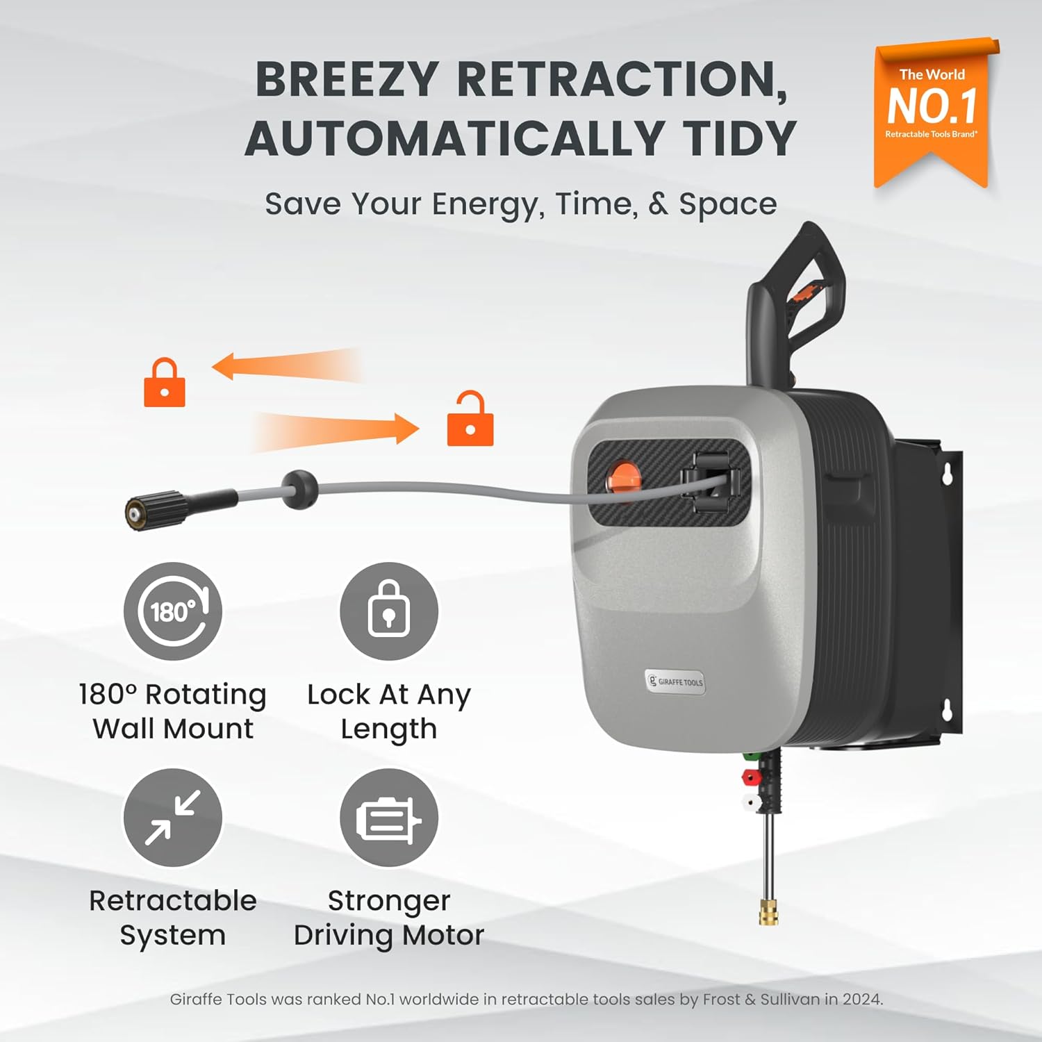 Giraffe Tools Grandfalls Retractable Pressure Washer G20  2500 PSI 2.2 GPM  Wall Mounted with 65FT Hose Reel  4 Nozzles for Floor/Cars/Fences/Patios  Light Silver Case with Grey Pressure Hoses
