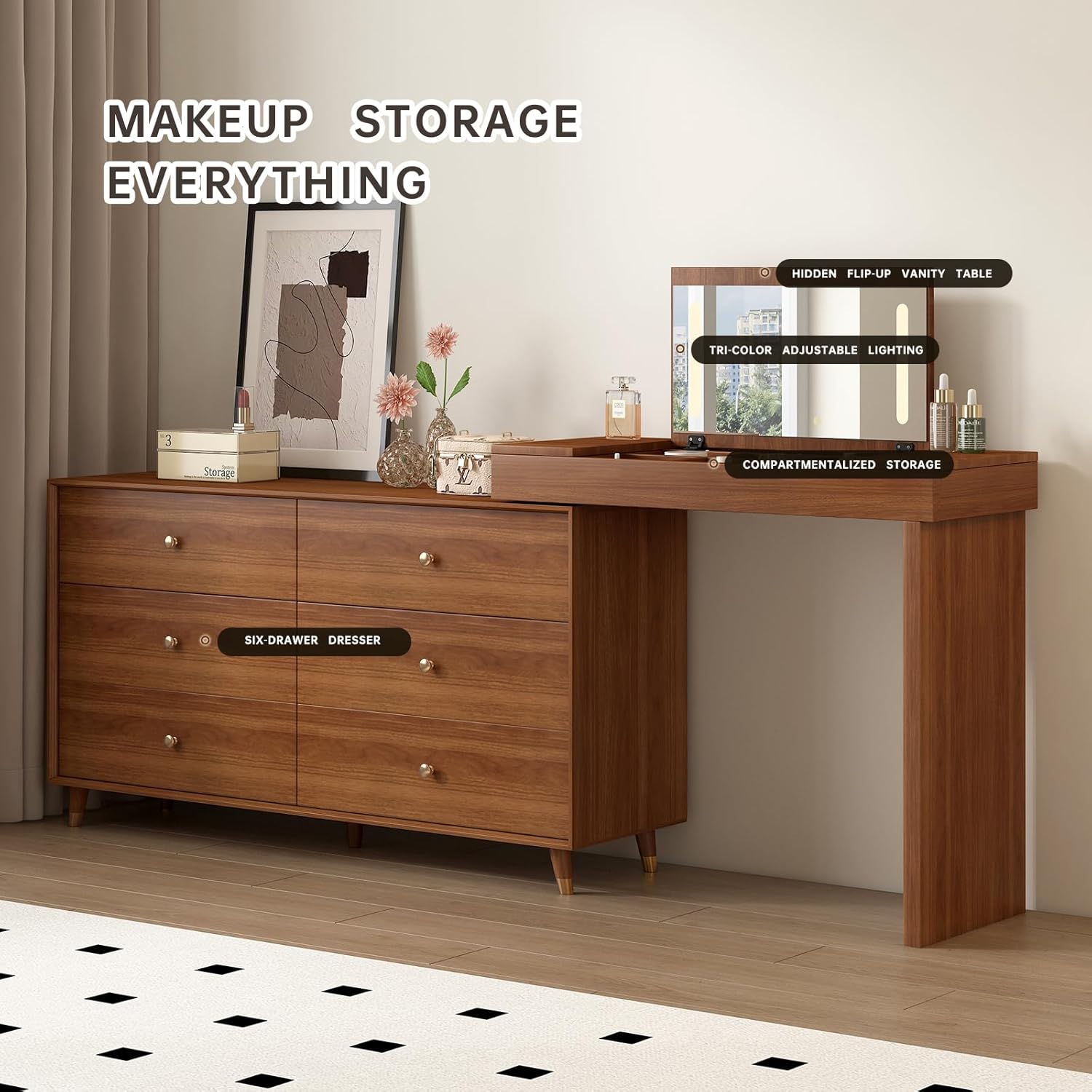 Vanity Desk with Mirror and Lights, Vintage 6 Drawer Dresser Desk Combo for Women with 50-90 in Adjustable L-Shape Makeup Table, Vanity for Bedroom with Jewelry and Cosmetics Storage Space,Walnut