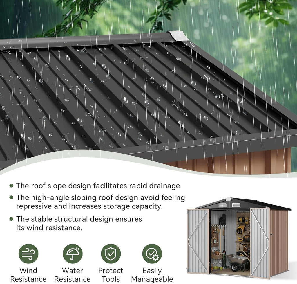 Aoxun 6.2x4 FT Shed Outdoor Storage Shed with Lockable Doors & Slooping Roof Metal Garden Tool Shed for Backyard  Patio  Poolside (Brown)