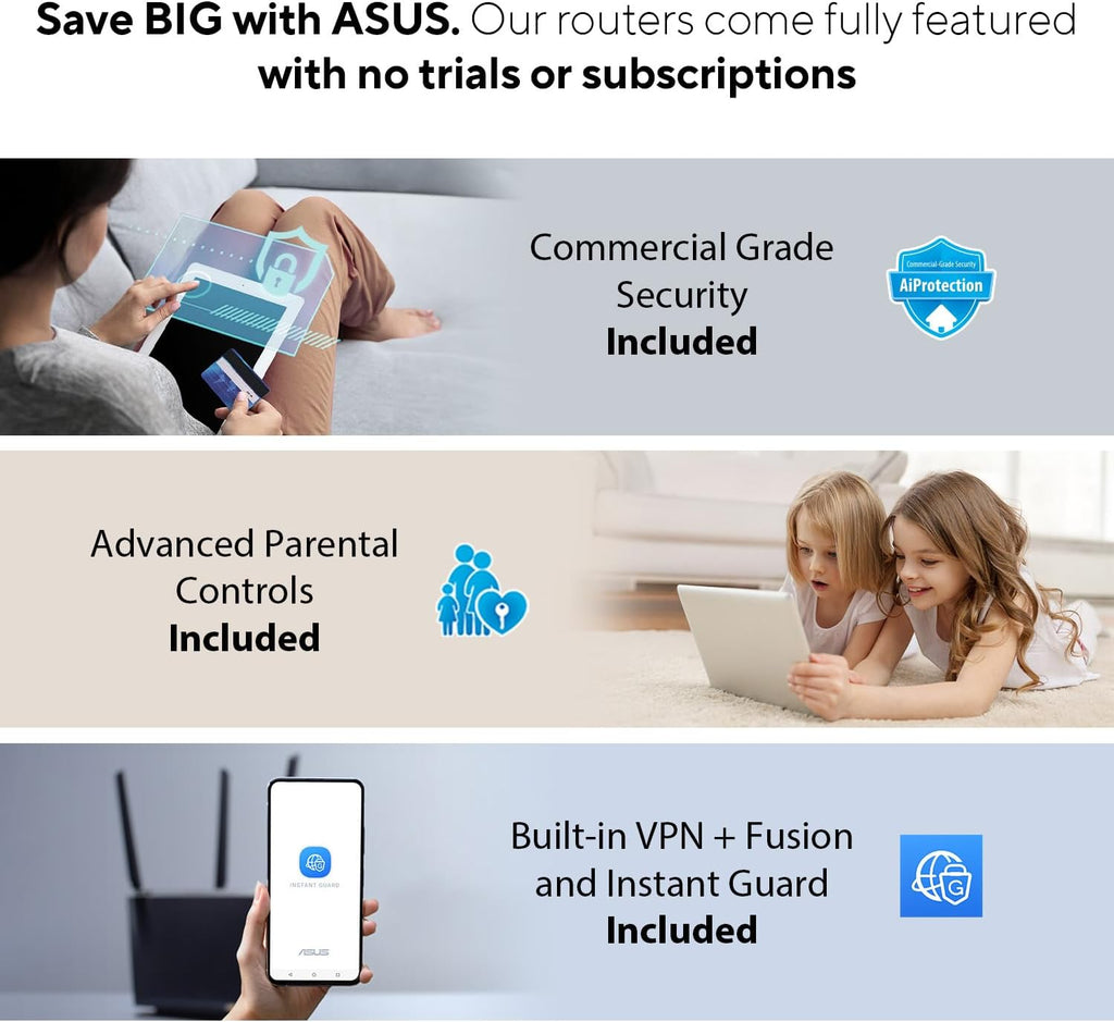 ASUS RT-BE92U BE9700 Tri-Band WiFi 7 Router  Supports New 320MHz Bandwidth & 4096-QAM  MLO  AI WAN Detection  AiMesh Support  Subscription-Free Network Security & Comprehensive VPN Features