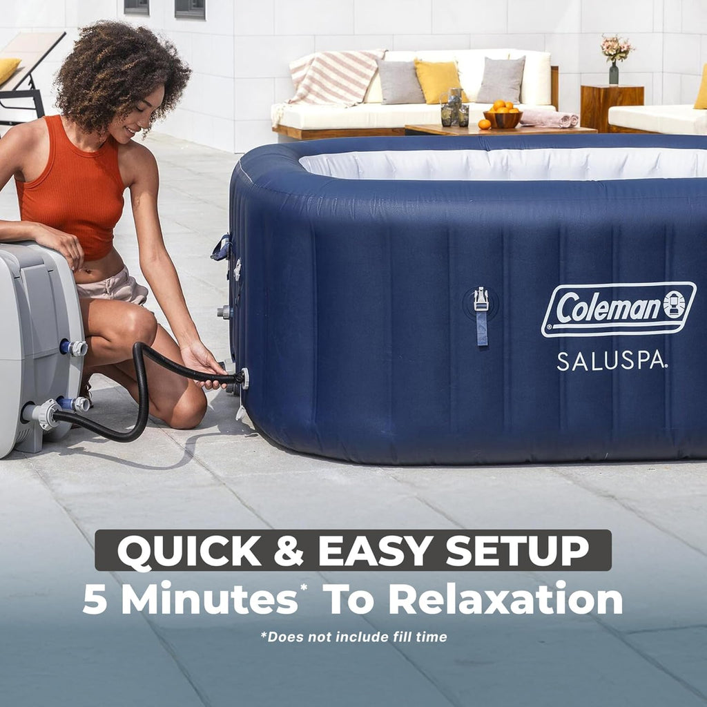 Coleman SaluSpa Atlantis AirJet Inflatable Hot Tub  4 to 6 Person Square Portable Outdoor Spa with 140 Air Jets  App Control and EnergySense Insulated Cover  71" x 28"