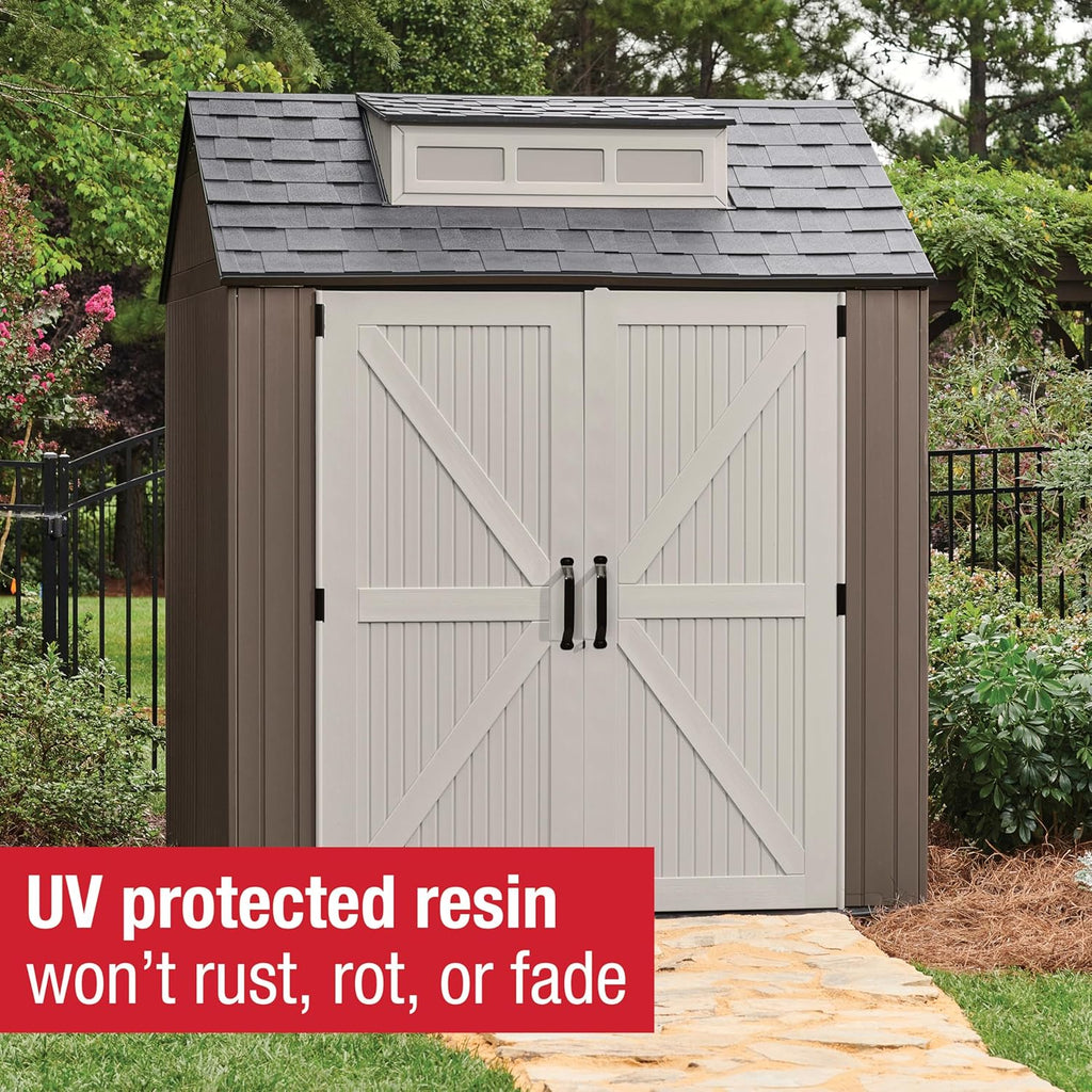 Rubbermaid Large Resin Outdoor Storage Shed With Floor (7 x 7 Ft.)  Weather Resistant  Brown  Organization for Home/Lawn Mower/Backyard Equipment/Bike Storage/Pool Supplies