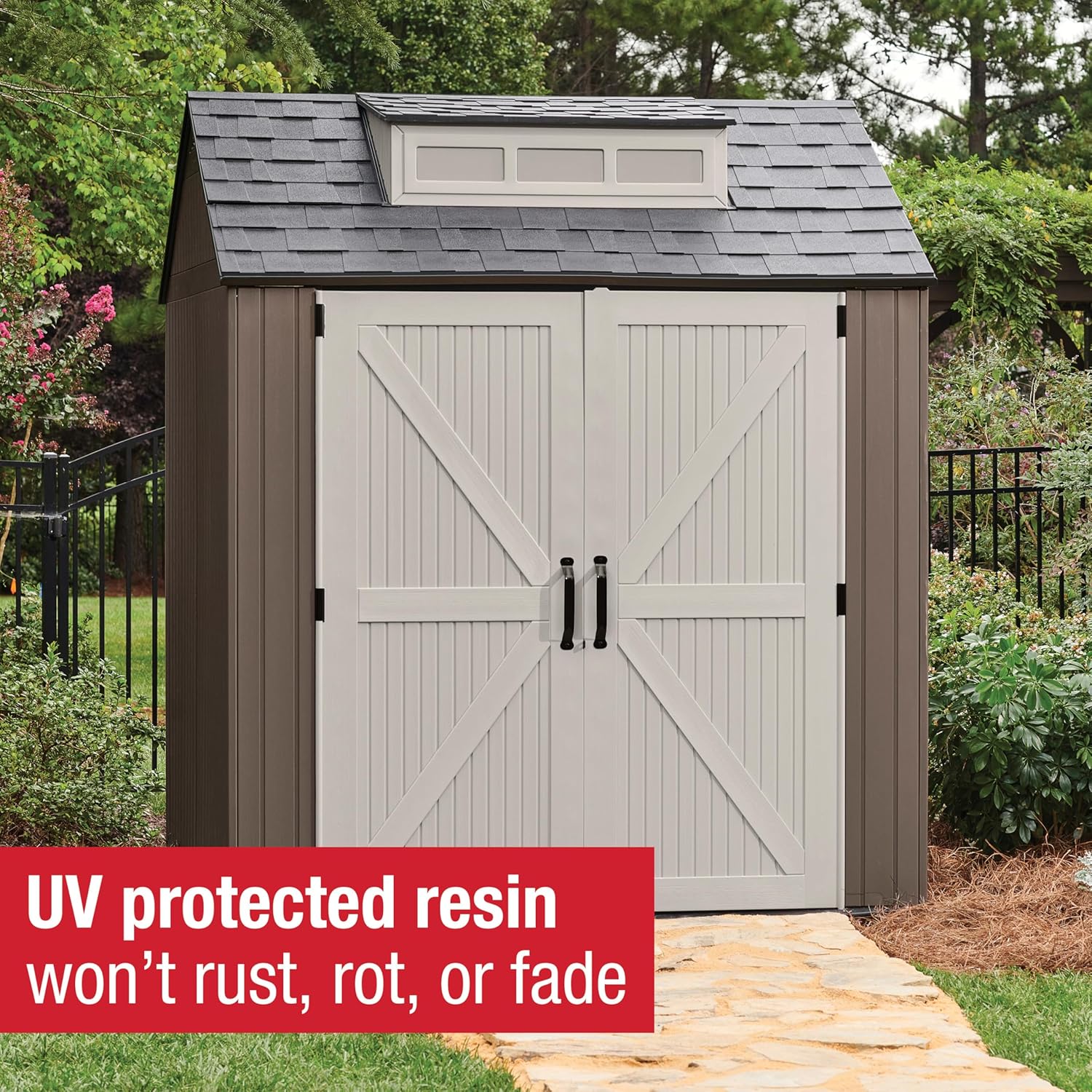 Rubbermaid Large Resin Outdoor Storage Shed With Floor (7 x 7 Ft.)  Weather Resistant  Brown  Organization for Home/Lawn Mower/Backyard Equipment/Bike Storage/Pool Supplies