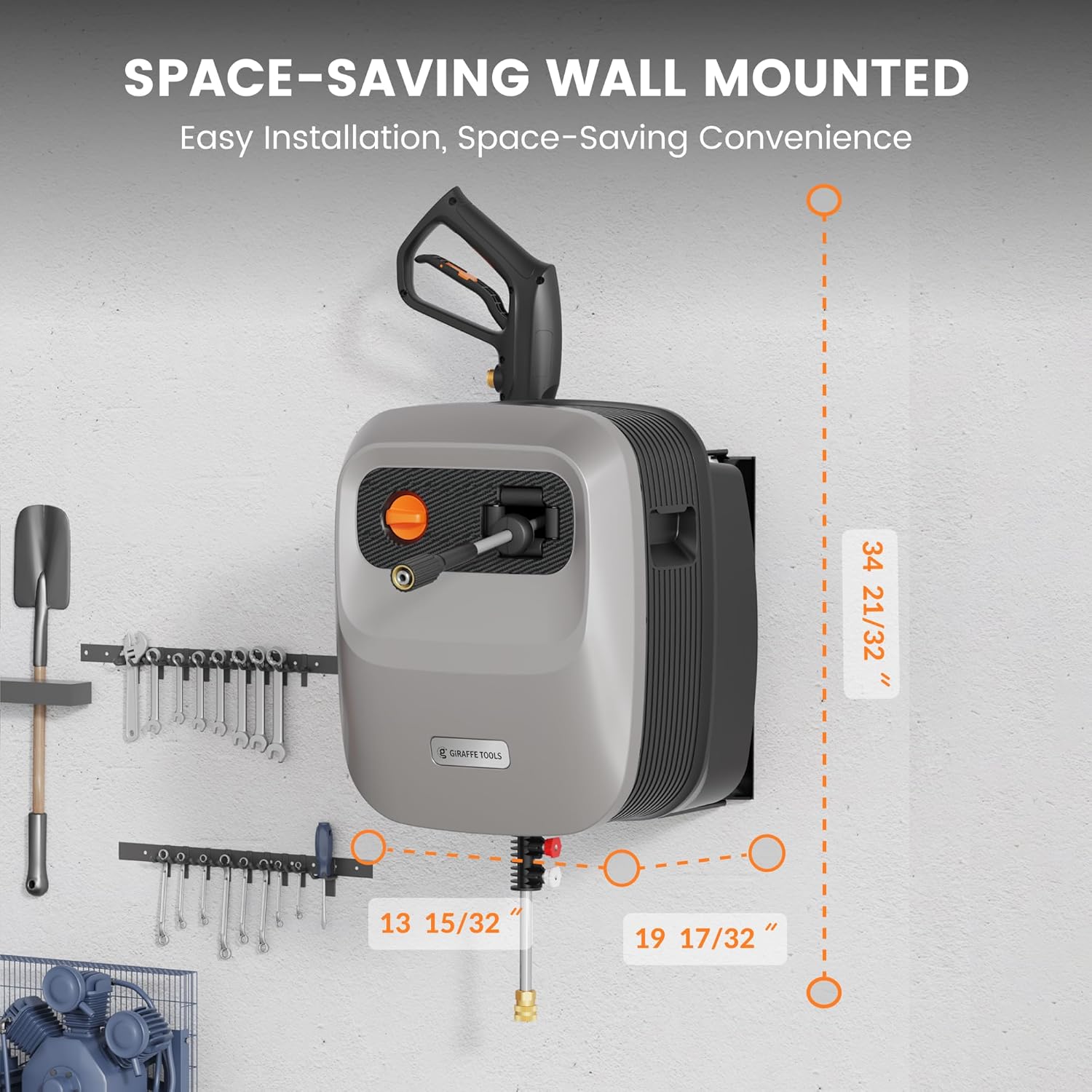 Giraffe Tools Grandfalls Retractable Pressure Washer G20  2500 PSI 2.2 GPM  Wall Mounted with 65FT Hose Reel  4 Nozzles for Floor/Cars/Fences/Patios  Light Silver Case with Grey Pressure Hoses