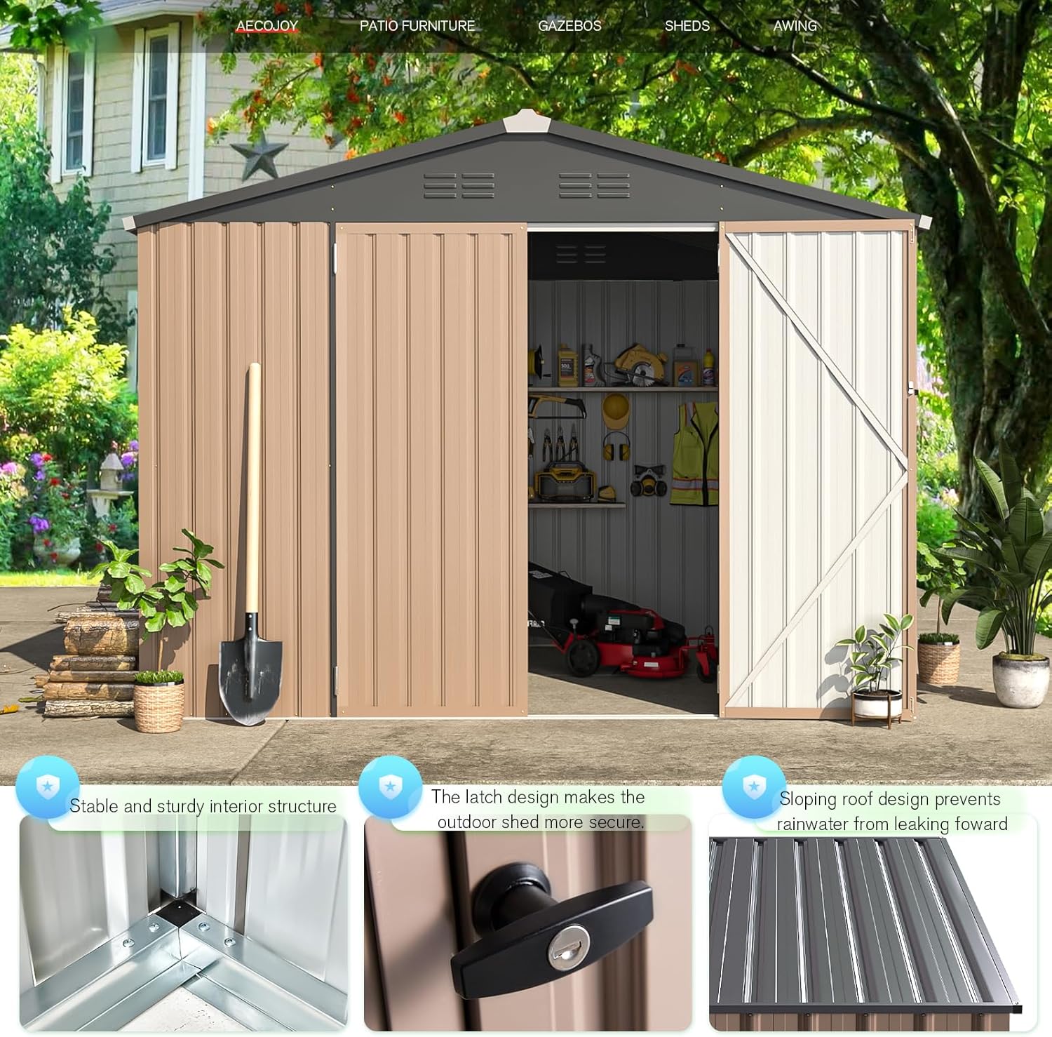 AECOJOY 8' x 6' Metal Storage Shed for Outdoor  Steel Backyard 6x8 Sheds & Outdoor Storage with Lockable Doors  Utility and Tool Storage for Garden  Backyard  Patio  Outside use