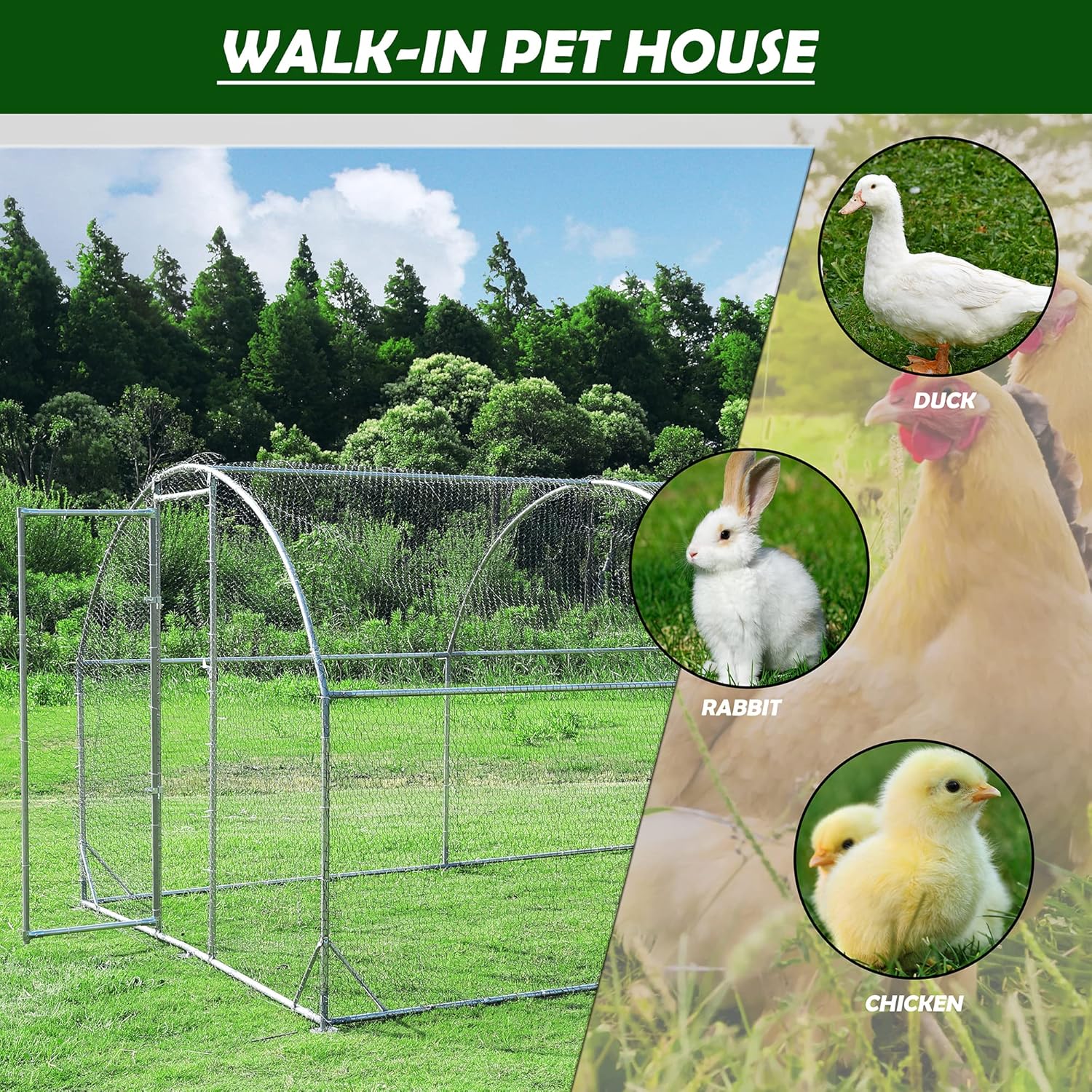 Large Metal Chicken Coop Upgrade Tri-Supporting Wire Mesh Chicken Run Chicken Pen with Water-Resident and Anti-UV Cover Duck Rabbit House Outdoor(9'W x 19'L x 6.5'H)