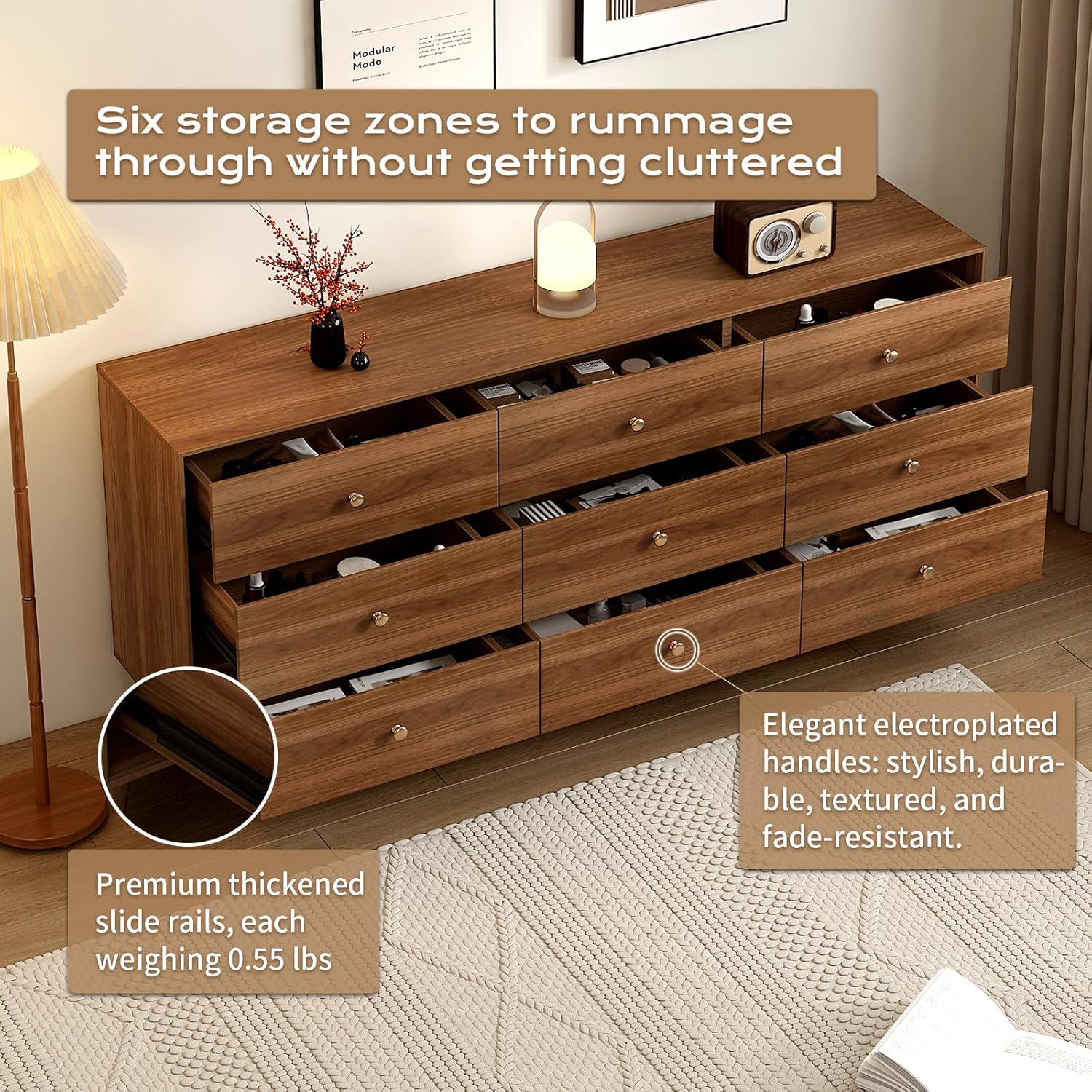 Mid Century Modern 9-Drawer Dresser, 63 Inch Wide Solid Wood Frame Chest, Walnut Finish, Beveled Design, Heavy-Duty Drawer Glides, Storage Cabinet for Bedroom, Living Room, TV Stand