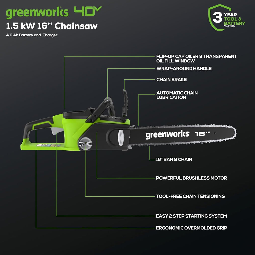 Greenworks 40V 16" Brushless Cordless Chainsaw  4.0Ah Battery and Charger Included