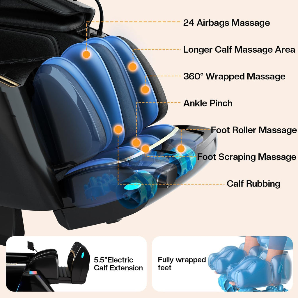 4D Zero Gravity Massage Chair 52" SL-Track Sliding Massages AI Voice Control System LCD Touch Screen 52 Airbags Soft Massage Body Scan and Calfrest Extension Massage Chairs Full Body  Wireless Charger