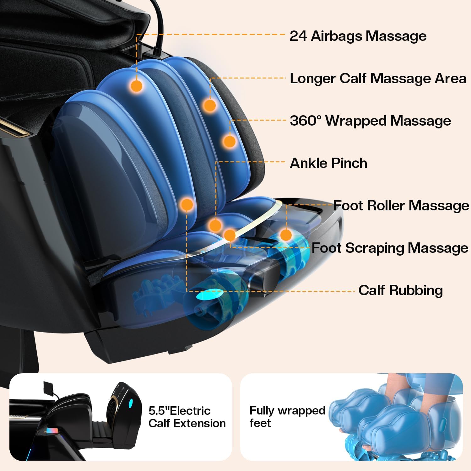 4D Zero Gravity Massage Chair 52" SL-Track Sliding Massages AI Voice Control System LCD Touch Screen 52 Airbags Soft Massage Body Scan and Calfrest Extension Massage Chairs Full Body  Wireless Charger