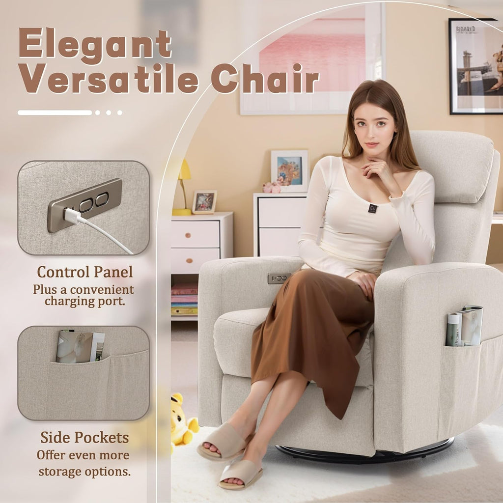 Power Swivel Recliner Chairs for Adults, Electric Glider Rocking Chair Nursery, Glider Recliner Nursery Chair with Classified Side Pocket, Nursery Rocking Chairs with USB and Type-C Ports