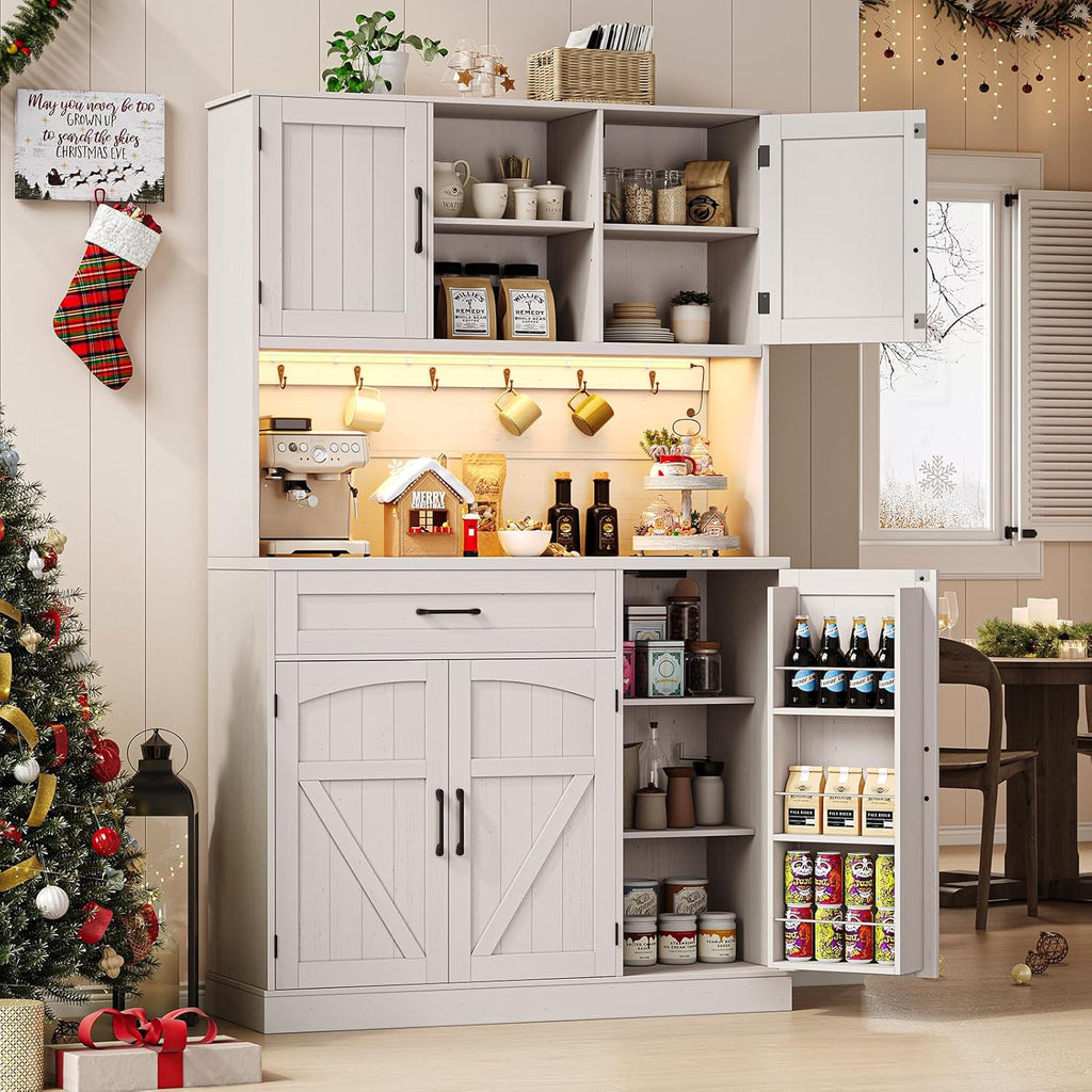 ONBRILL 71" Pantry Cabinet, Kitchen Pantry Storage Cabinet with LED Light & Outlet, Kitchen Hutch with Microwave Shelf & 6 Hooks, Door Shelves & Drawer & Adjustable Shelves, for Dining Room