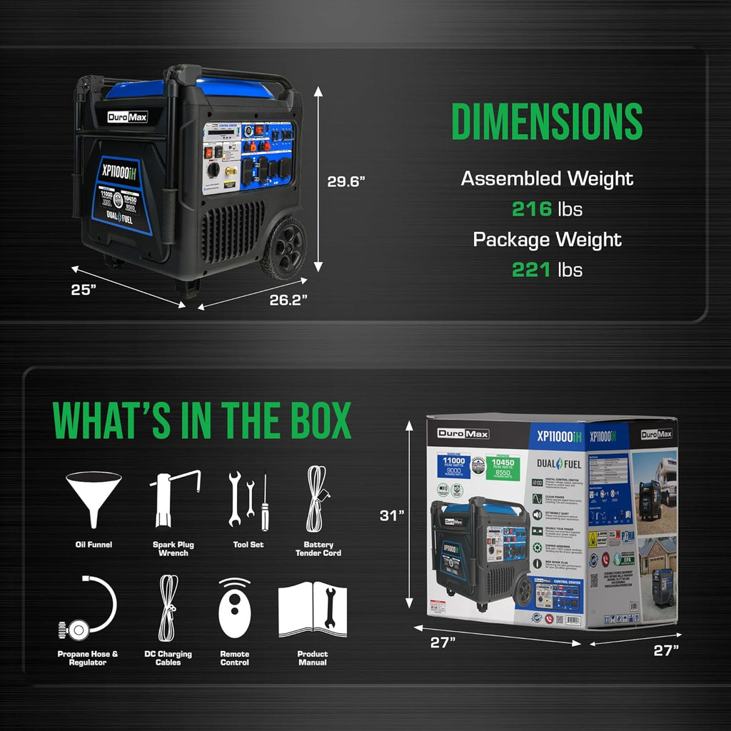 DuroMax XP11000iH 11 000-Watt Dual Fuel Portable Digital Inverter Generator - Gas & Propane  Remote Electric Start  Transfer Switch Ready  RV & Emergency Ready