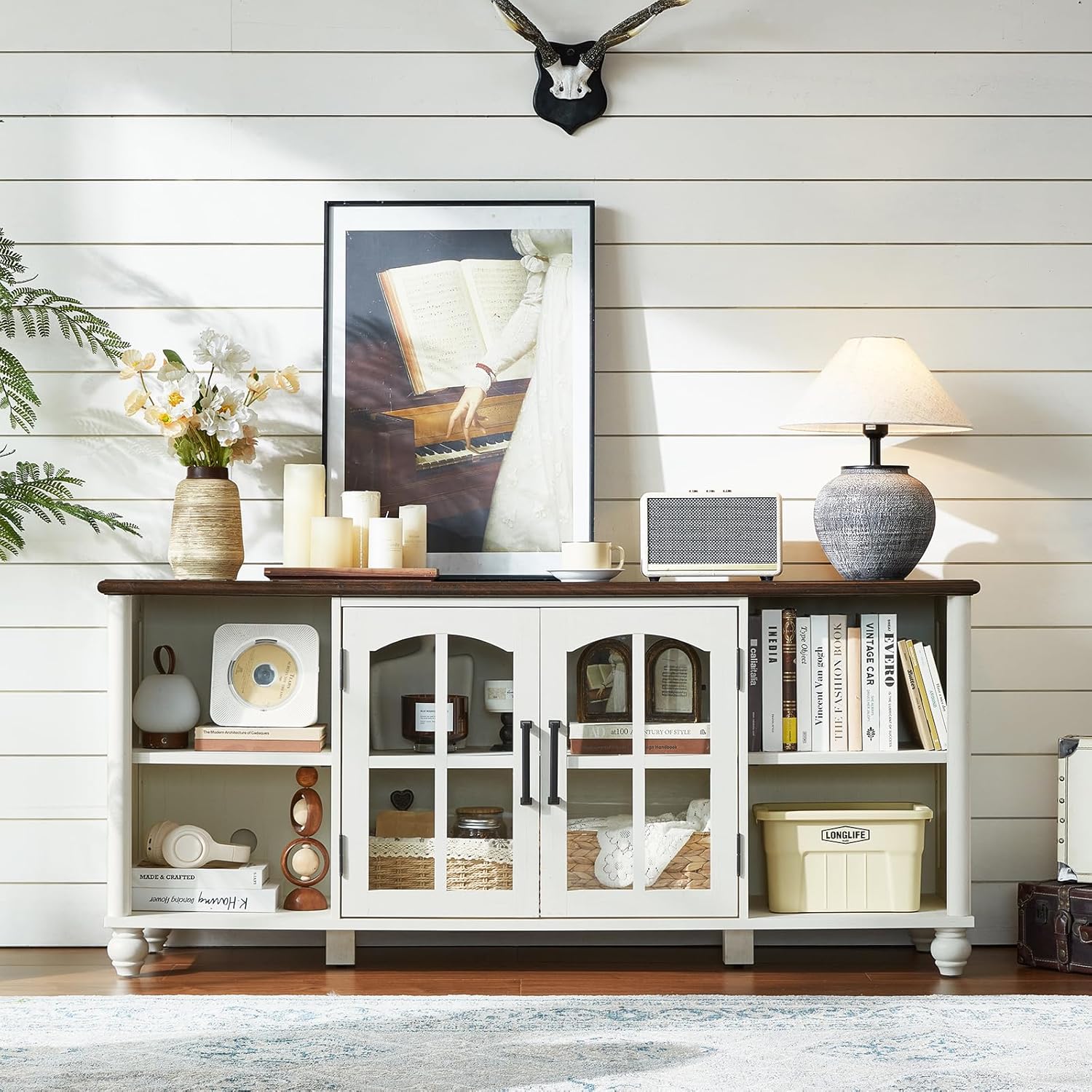 Farmhouse TV Stand for 60 Inch TV, Wood Entertainment Center with Glass Door Storage Cabinet & Adjustable Shelves,Television Stands for 65" TVS, TV Console Table for Living Room,Bedroom,White