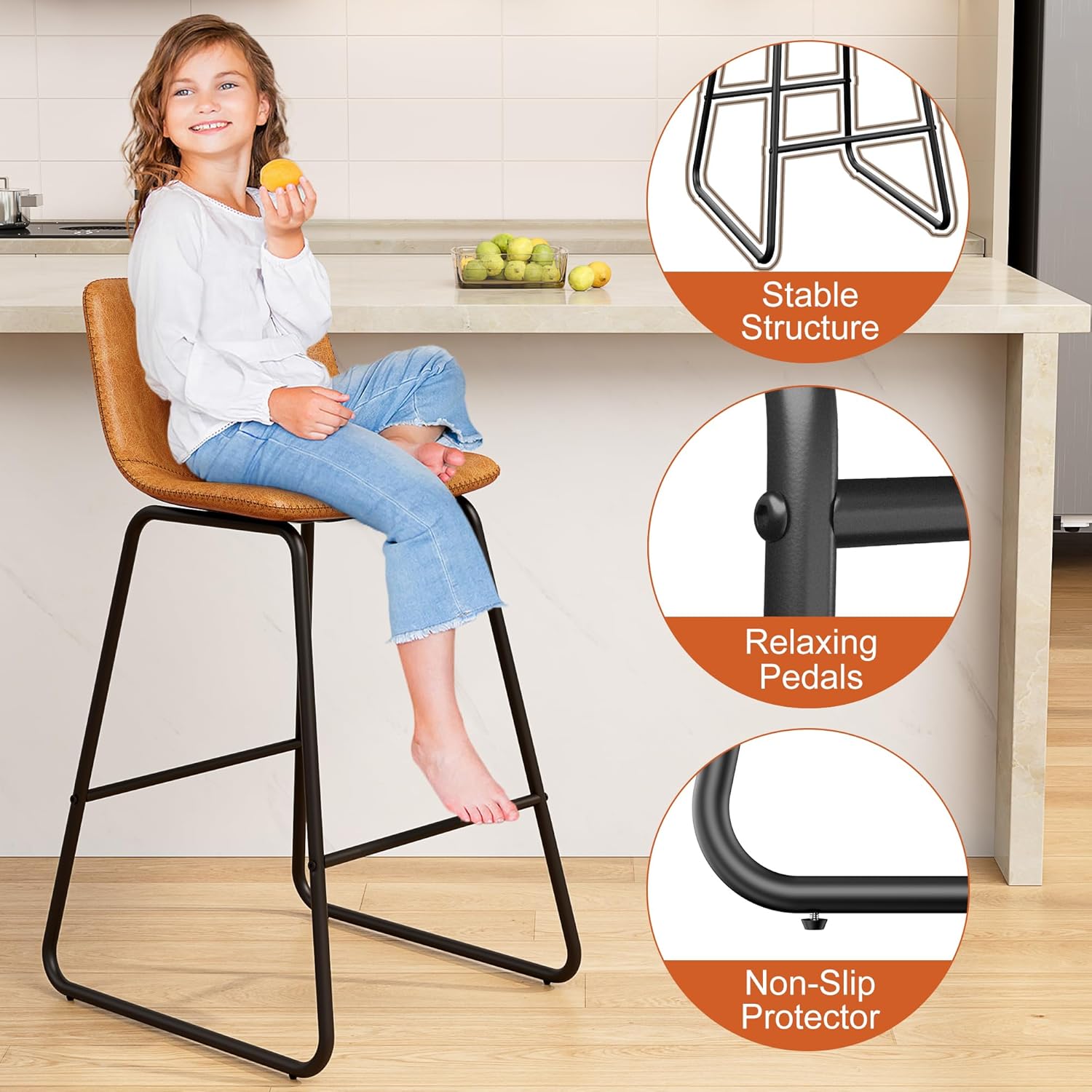 Bar Stools Set of 4, PU Leather Counter Height Bar Stools, 26" Modern Barstools with Metal Legs and Footrest, Urban Armless Dining Chairs with Backrest for Kitchen Island (Brown)