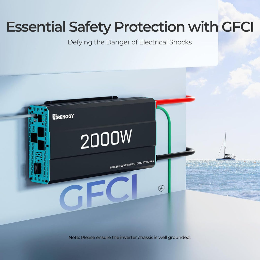 Renogy Inverter P2 2000W Pure Sine Wave Inverter 12V DC to 110V AC Converter  Off-Grid Solar Power Inverters for Vehicles  Truck  RV  Home  with Built-in 5V/2.1A USB / Hardwire Port  Remote Controller