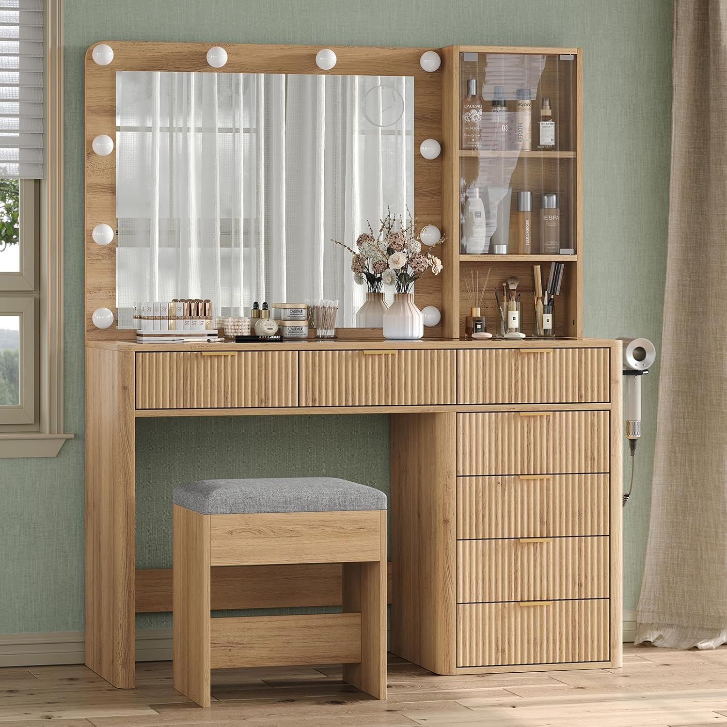 47" Fluted Vanity Desk with Mirror & LED Lights, 7-Drawer Makeup Vanity with Glass Top & Cabinet, Vanity with Chair & Charging Station, 3 Lighting Modes, for Bedroom, Natural Oak