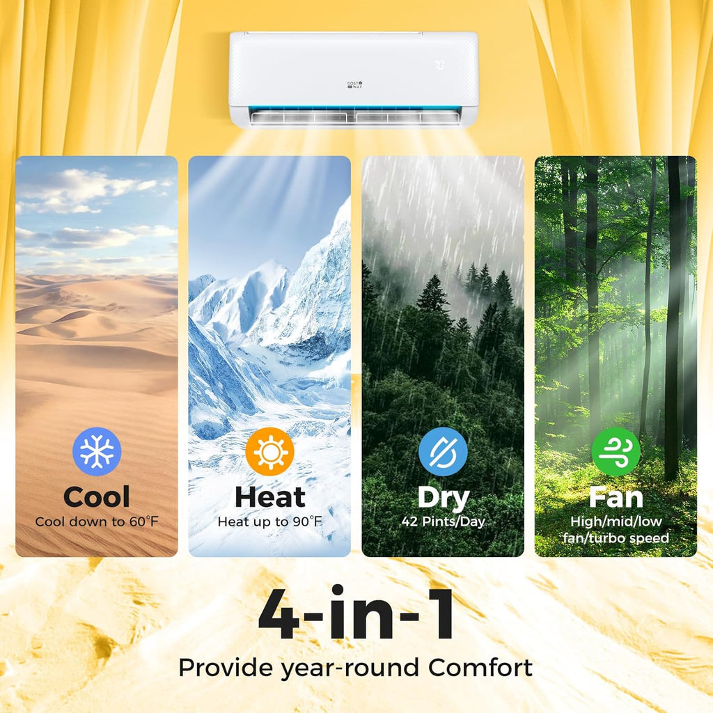 COSTWAY 12,000 BTU Mini Split Air Conditioner, with Heat Pump, Energy Star, 21 SEER2 Inverter, 24H Timer, Auto Clean, Remote Control for Rooms up to 750 Sq.Ft, 208-230V (Airtural Series)