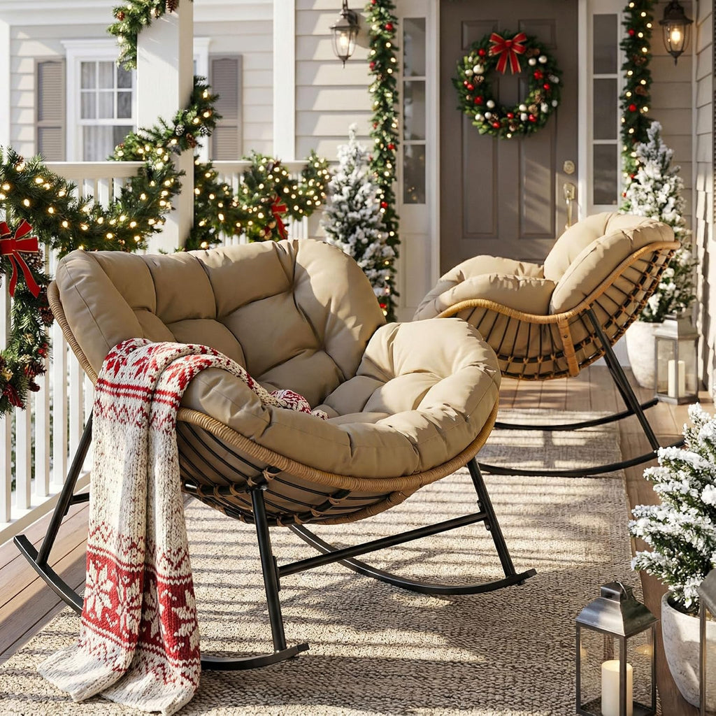 NICESOUL 2-Piece Outdoor Patio Papasan Rocking Chair  Cozy Oversized Wicker Gliding Lounge Chairs for Balcony  Patio or Porch  Wide & Large Double Royal Rocker with Comfy Padded Cushion  Brown/Tan