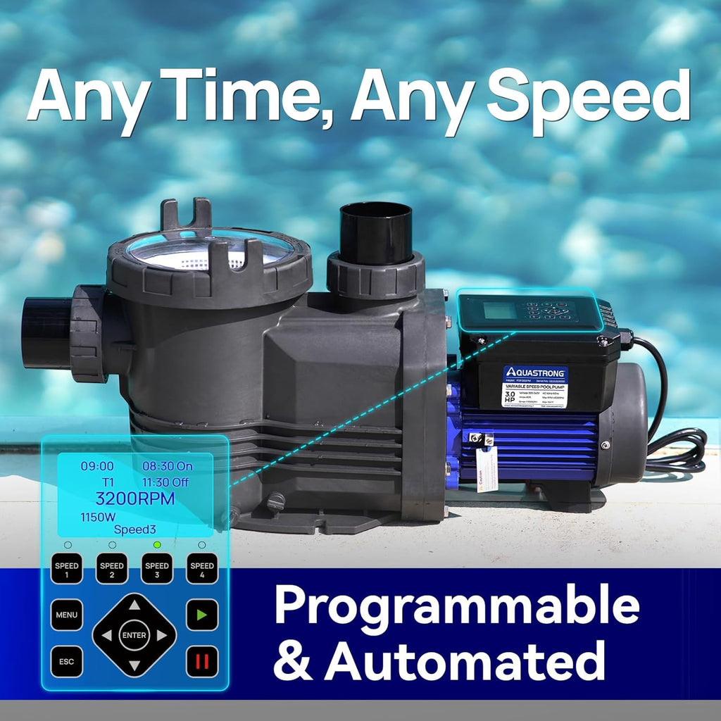 Aquastrong Variable Speed Pool Pump In/Above Pool Pump Energy Efficient High Flow Powerful Self Primming Swimming Pool Pumps with Filter Basket Matta Black