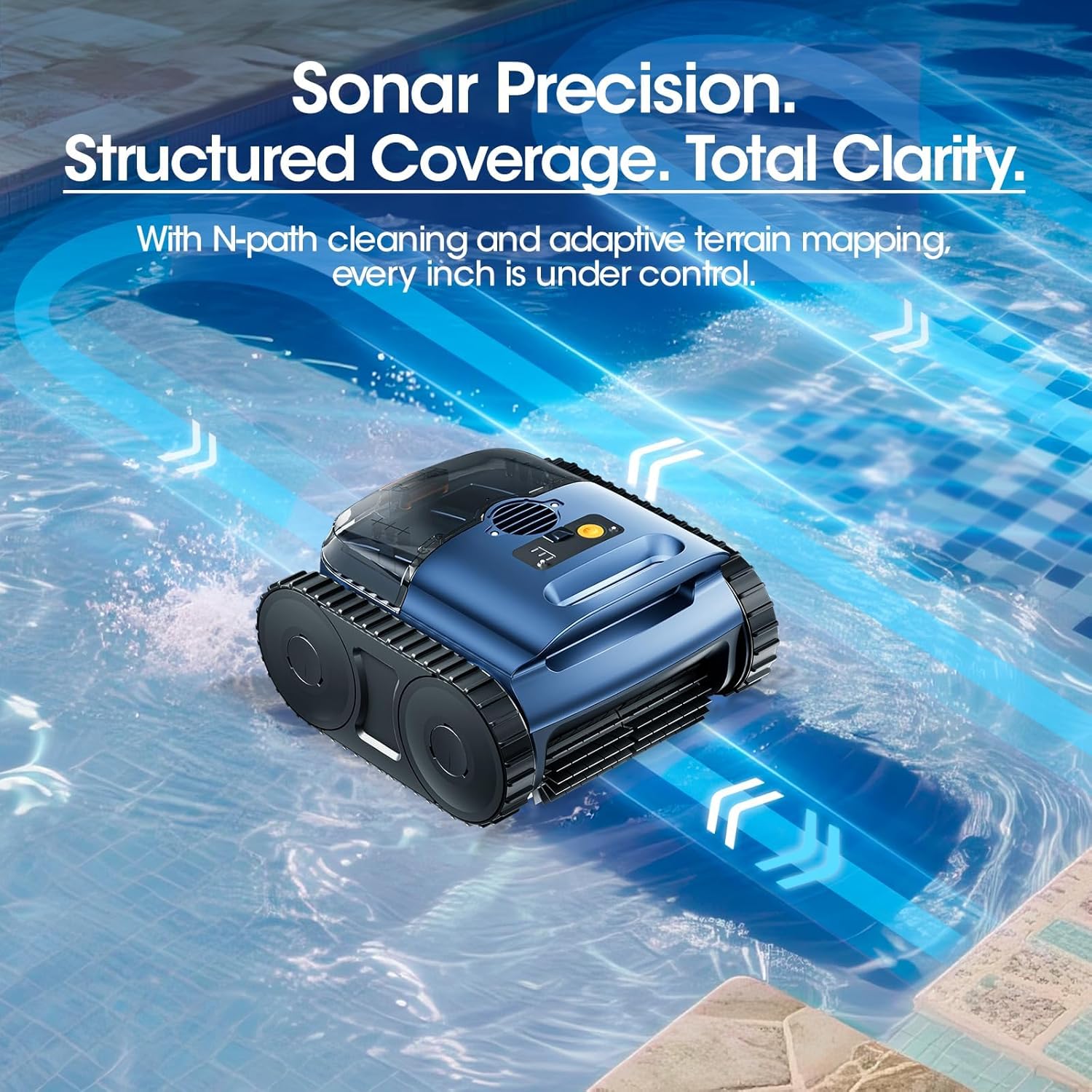 Cordless Robotic Pool Vacuum  Pool Cleaner with Track Drive & Sonar Navigation  180W Brushless Motor  Wall & Waterline Climbing  150-Min Runtime  for Inground Above-Ground 2150 Sq. Ft. (Dark Blue)