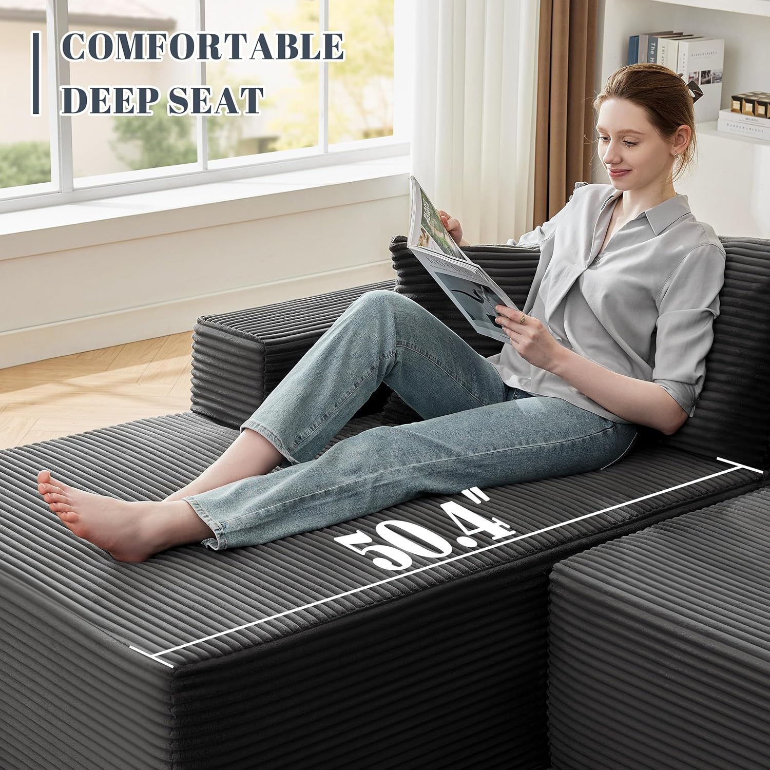 110” Cloud Sectional Couch, Boneless Sofa for Living Room, Modular Sectional Sofa with Deep Seat, Comfy Fluffy Couch with L-Shaped Chaise, No Assembly Required (Left-Facing Chaise, Dark Grey)