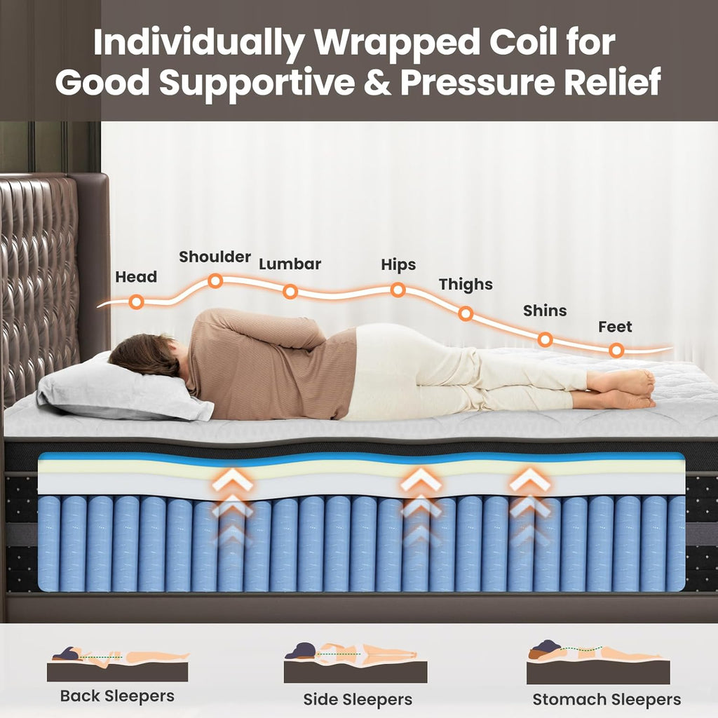 Firm Queen Mattress, 14 Inch Deep Sleep Hybrid Mattress with Extra Back & Hip Support, Motion Isolation with Fiberglass-Free, CertiPUR-US Certified, 365-Night Trial