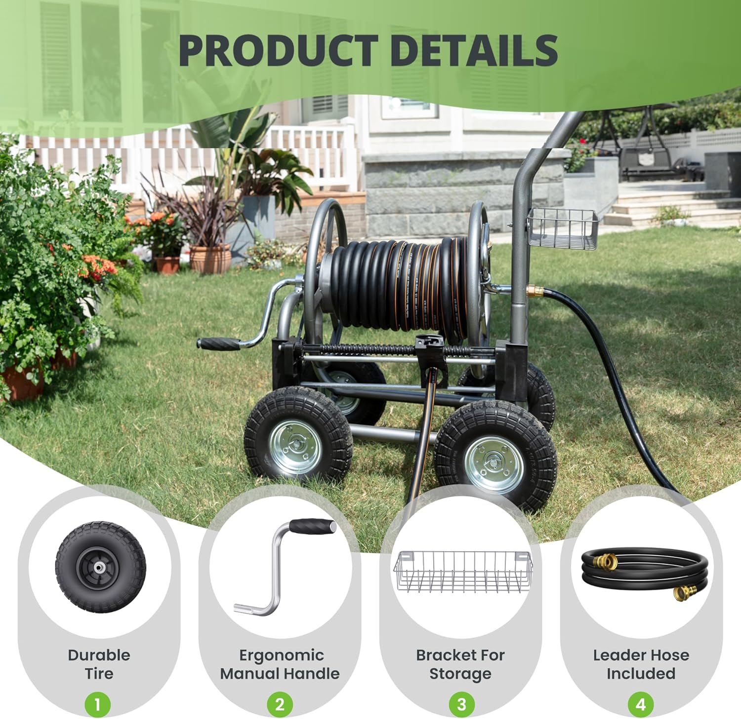 Giraffe Tools Heavy Duty Garden Hose Reel Cart with Wheels - Industrial Outdoor Hose Storage Reel  Pre-Installed Guide for 250-Feet of 5/8" Hose Capacity