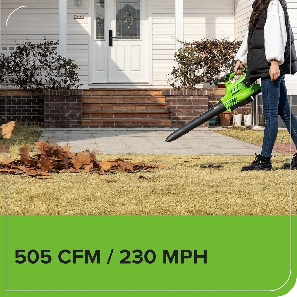 Greenworks 40V (230 MPH / 505 CFM) Cordless Brushless Leaf Blower/Vacuum with Bag  High Power  Lightweight & Quiet for Yard Debris Cleanup  Includes 5.0Ah Battery & Charger