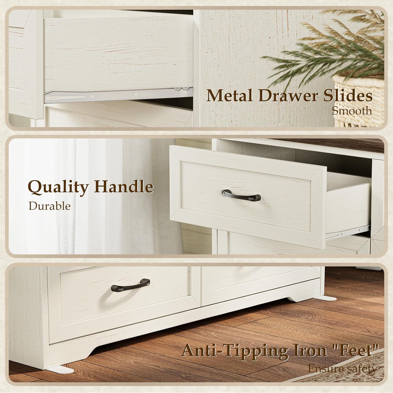 AODK Farmhouse 6 Drawer Dresser for Bedroom, 47” Wide Rustic Storage Dresser with Engineered Wood Frame, Anti-Tip Safety Chest, American Country Bedroom Furniture, Walnut & Vintage White