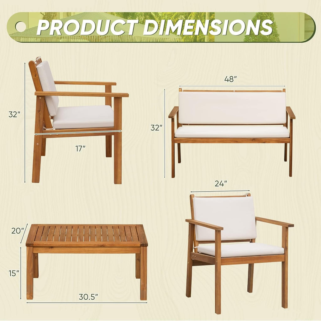 Flamaker Patio Furniture 4 Piece Outdoor Acacia Wood Patio Conversation Sofa Set with Table & Cushions Porch Furniture for Deck  Balcony  Backyard