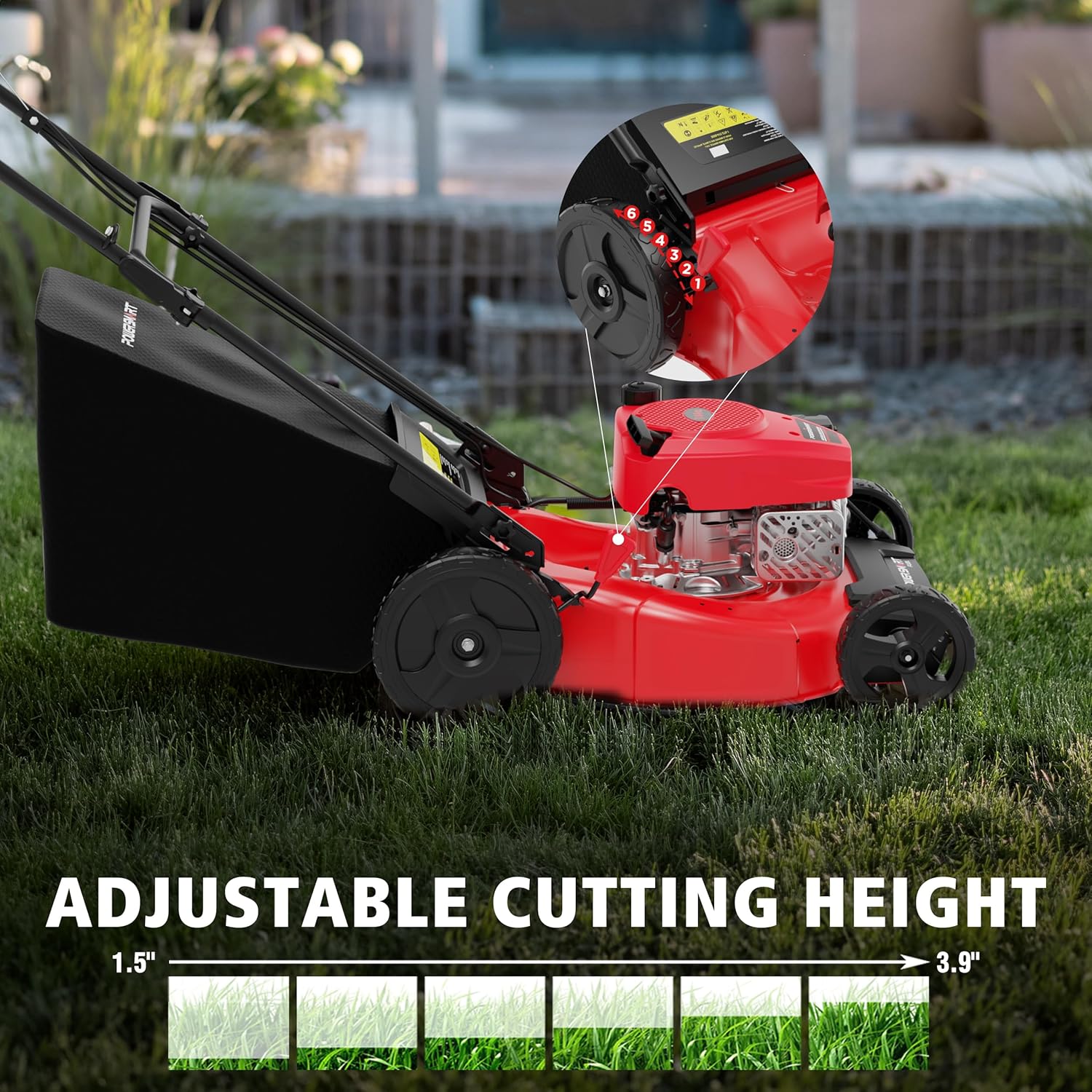 PowerSmart 21" 2-in-1 Push Lawn Mower  144cc Engine Mulching  Bagging  High Wheels  Lightweight and Easy Assembly 6 Cutting Height  Lightweight for Garden Yard