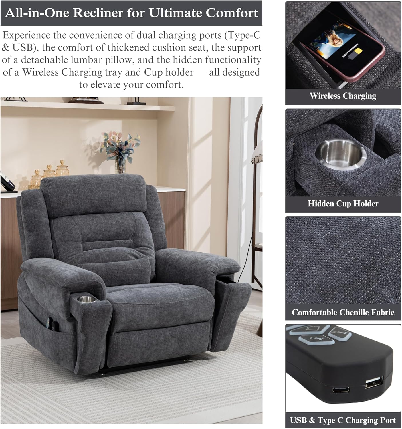 Big Man Power Lift Recliner for Elderly Adults 28 Inch Wide Seat, Oversized Recliner 400 lbs with Heat Massage, Lay Flat Recliner Chair Cup Holder & Wireless Phone Charger, USB Type C Charging