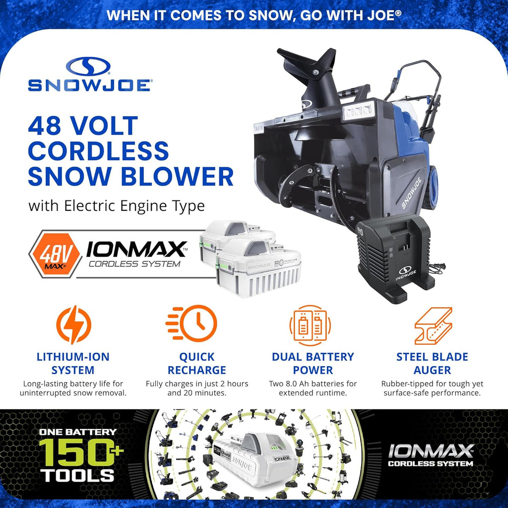 Snow Joe 48V Cordless Snow Blower Kit with 2X 8Ah Batteries  Dual-Port Charger & LED Headlights  1600W Brushless Motor  22" Clearing Path - Ice Removal for Driveways  Patios & Sidewalks  24V-X2-SB22