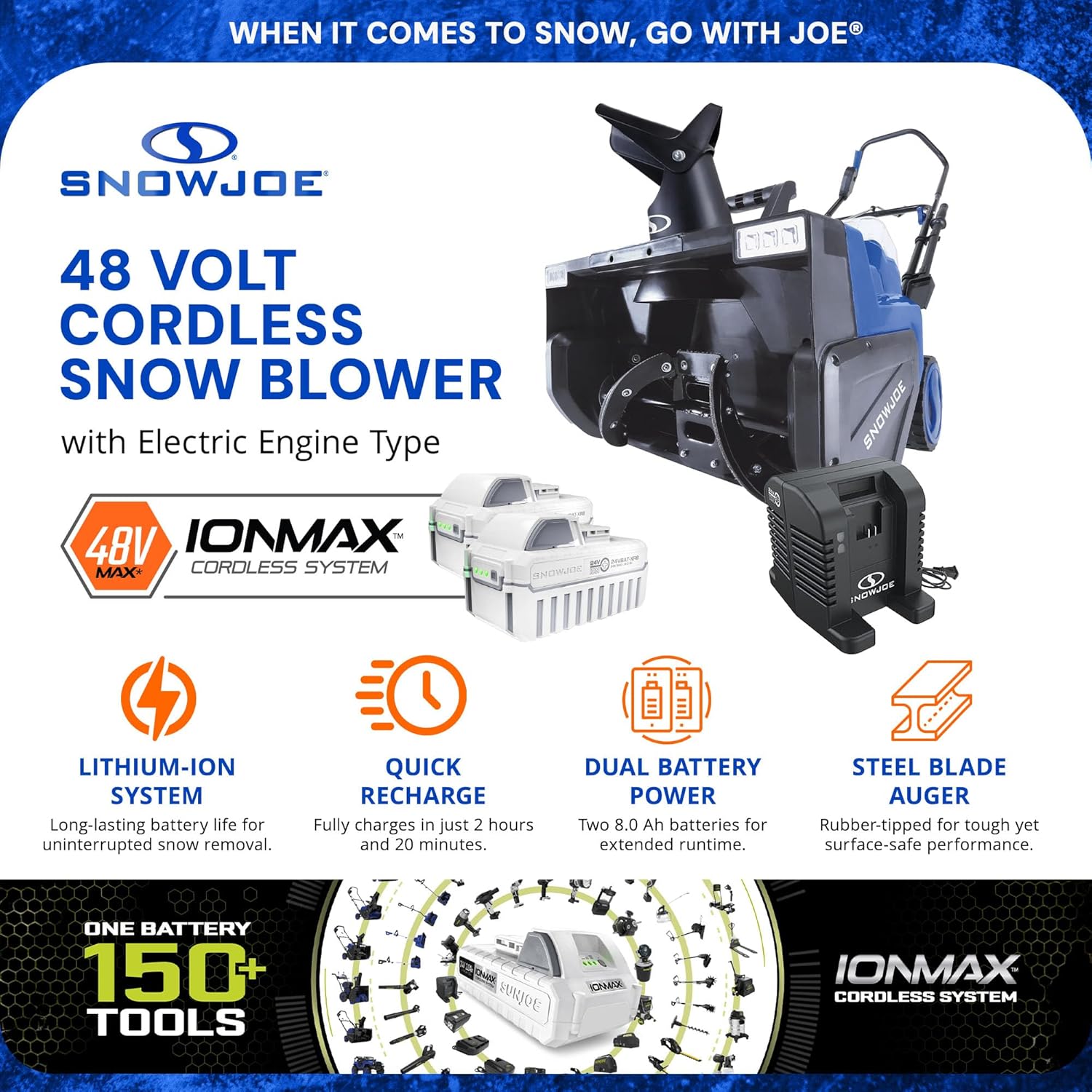 Snow Joe 48V Cordless Snow Blower Kit with 2X 8Ah Batteries  Dual-Port Charger & LED Headlights  1600W Brushless Motor  22" Clearing Path - Ice Removal for Driveways  Patios & Sidewalks  24V-X2-SB22