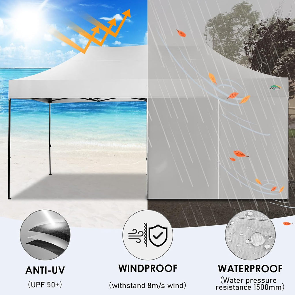 COBIZI 10x20 Heavy Duty Pop up Canopy Tent with 6 sidewalls Easy Up Commercial Outdoor Wedding Party Tents for Parties All Season Wind & Waterproof Gazebo Roller Bag  White(Frame Thickened)