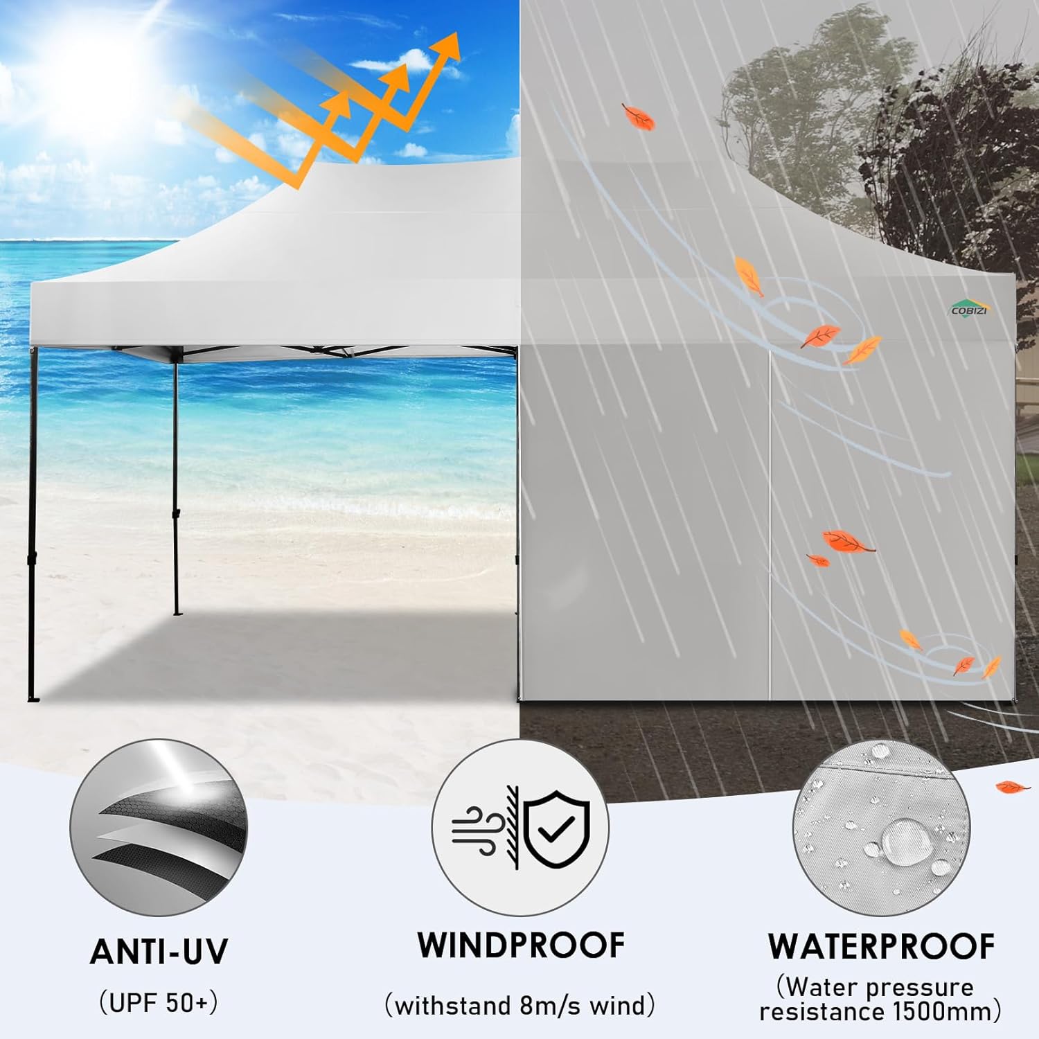 COBIZI 10x20 Heavy Duty Pop up Canopy Tent with 6 sidewalls Easy Up Commercial Outdoor Wedding Party Tents for Parties All Season Wind & Waterproof Gazebo Roller Bag  White(Frame Thickened)