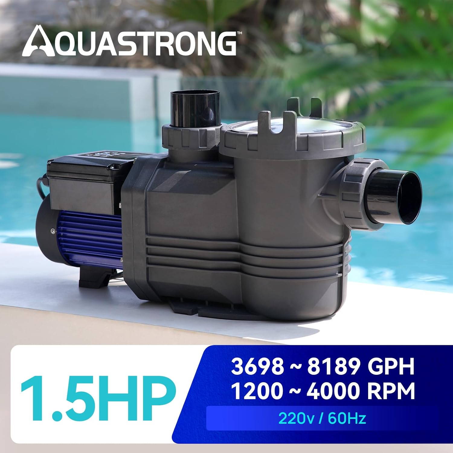 Aquastrong Variable Speed Pool Pump In/Above Pool Pump Energy Efficient High Flow Powerful Self Primming Swimming Pool Pumps with Filter Basket Dark Black