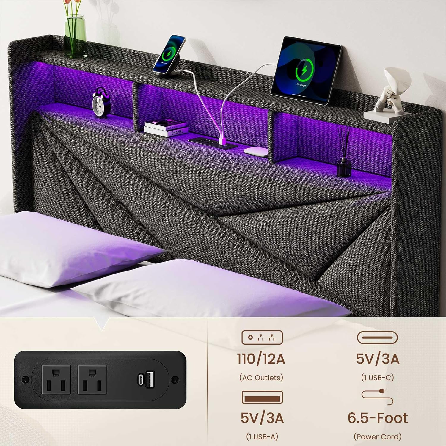 LED Queen Bed Frame with 2 Storage Drawers, Upholstered Bed Frame Queen Size with Headboard and Charging Station, No Box Spring Needed, Easy to Assembly-Dark Grey