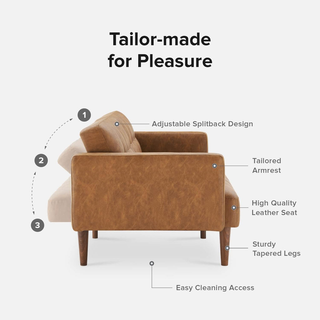 mopio 76.4" Futon Sofa Bed, Couch, Loveseat, Sleeper Sofa, Mid Century Modern Futon Couch, Sofa Cama, Couches for Living Room (Aaron PU, Pecan Brown)