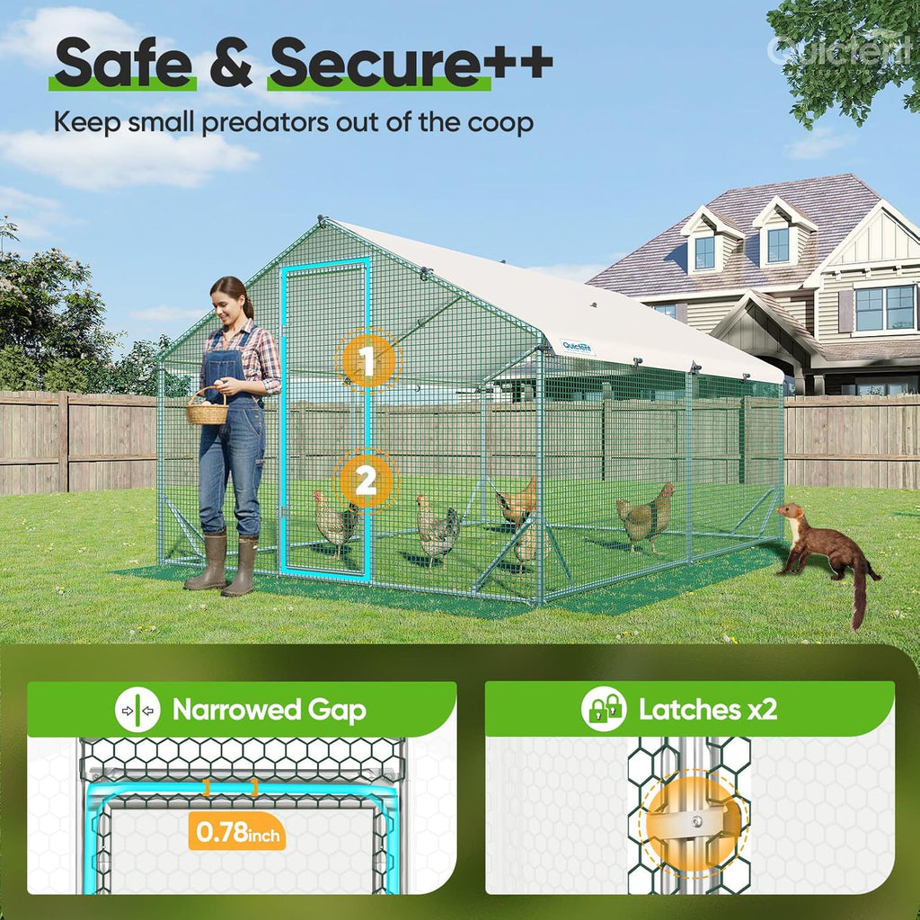 Quictent Large Metal Chicken Coop Run for 20+ Poultry with Side Hardware Cloth & Waterproof Cover  Advanced Series Outdoor Walk-in Cage Hen Duck Rabbit Dog Pen Yard Farm House  12x9x6.6FT