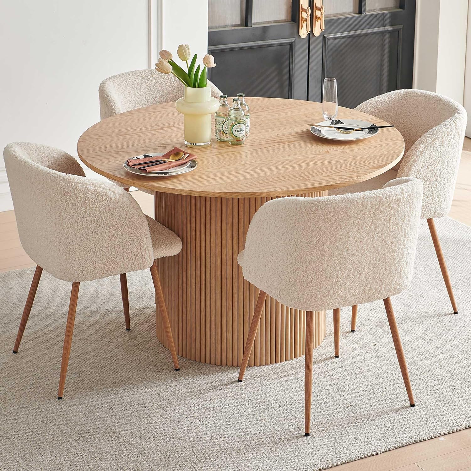 47" Round Dining Table for 4, Modern Farmhouse Wood Veneer Top with MDF Striped Base, Kitchen & Dining Room Tables - Oak Color