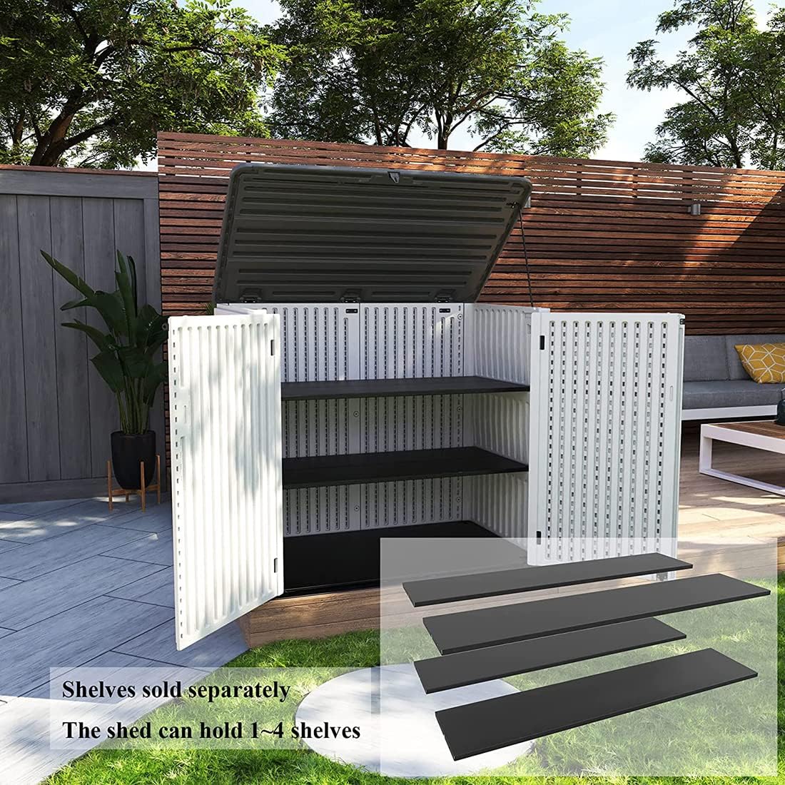 KINYING Larger Outdoor Storage Shed Weather Resistance  Horizontal Outdoor Storage Box Waterproof for Garden  Patios  Backyards  48 Cu.ft Capacity for Garbage Cans  Lawn Mower  Garden Tools